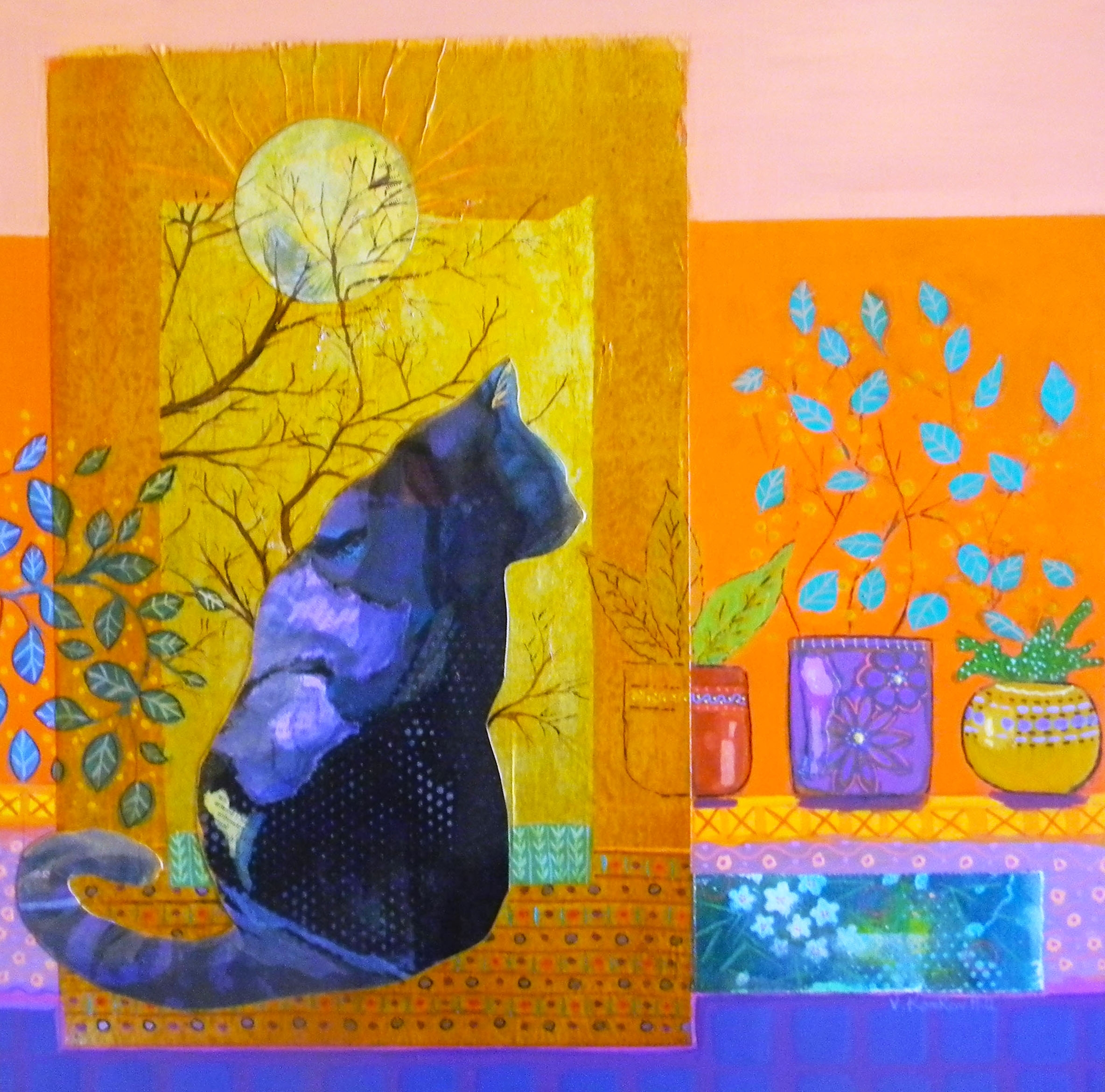 Cat at the Window (2017)-acrylic and collage. 20" x 20"