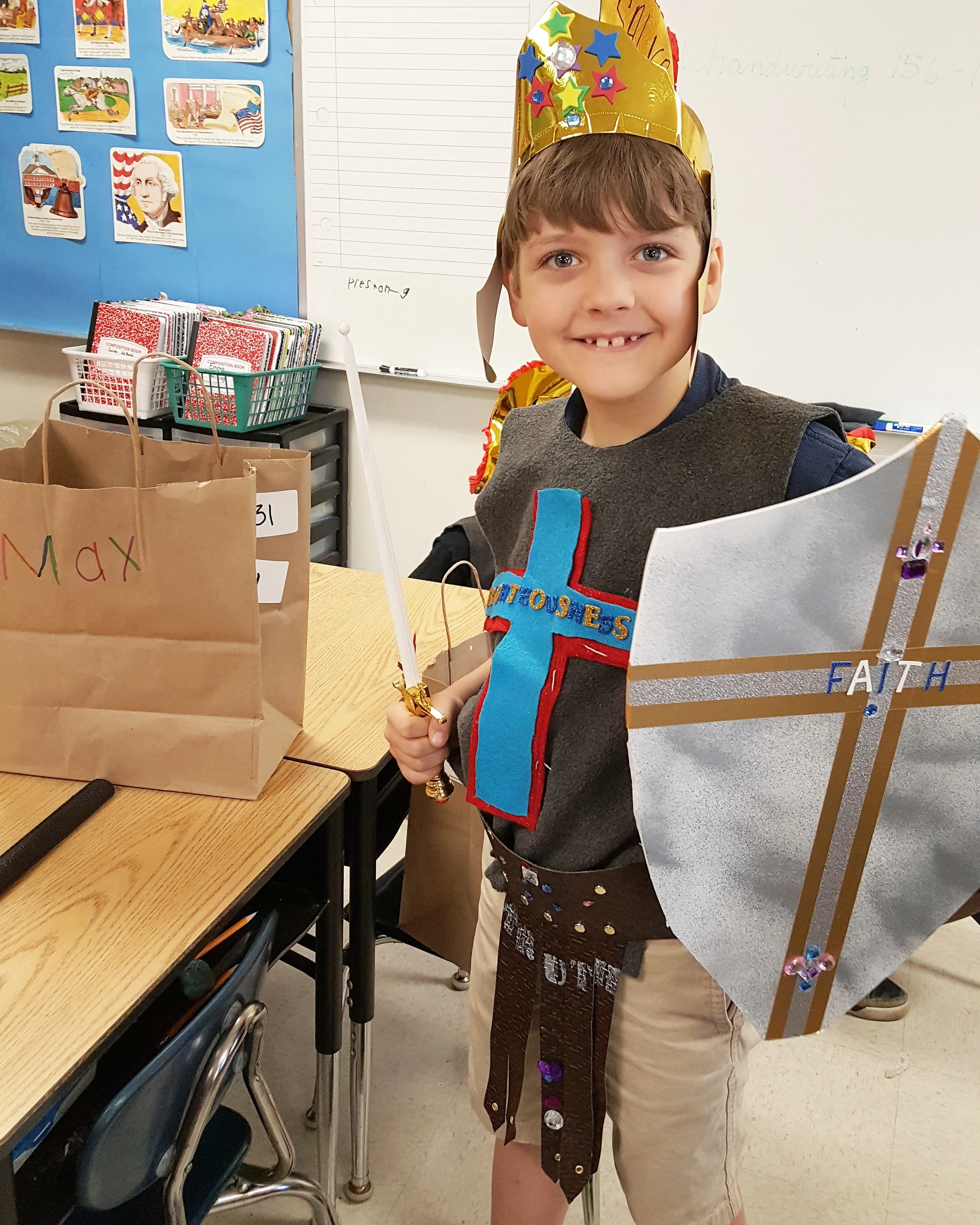 Maxson proudly donning his Armor of God costume before the class presentation. Super proud of his whole class!