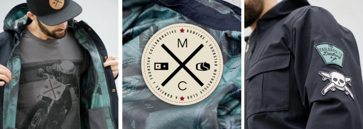 Motorcycle inspired snowboarding jacket designed by Jenkins as a collaboration with Fourstar Clothing.