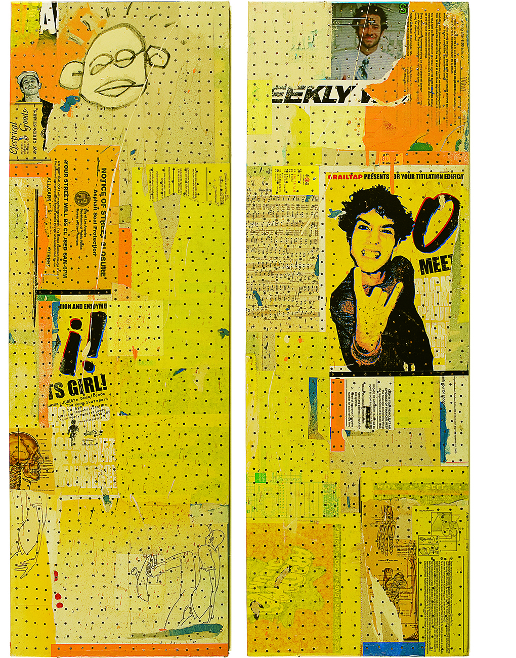Diptych created as separate board graphics for skateboard pro, Mike Carroll + Girl Skateboards + (Product) RED . Mixed media on wood, 25" x 36"