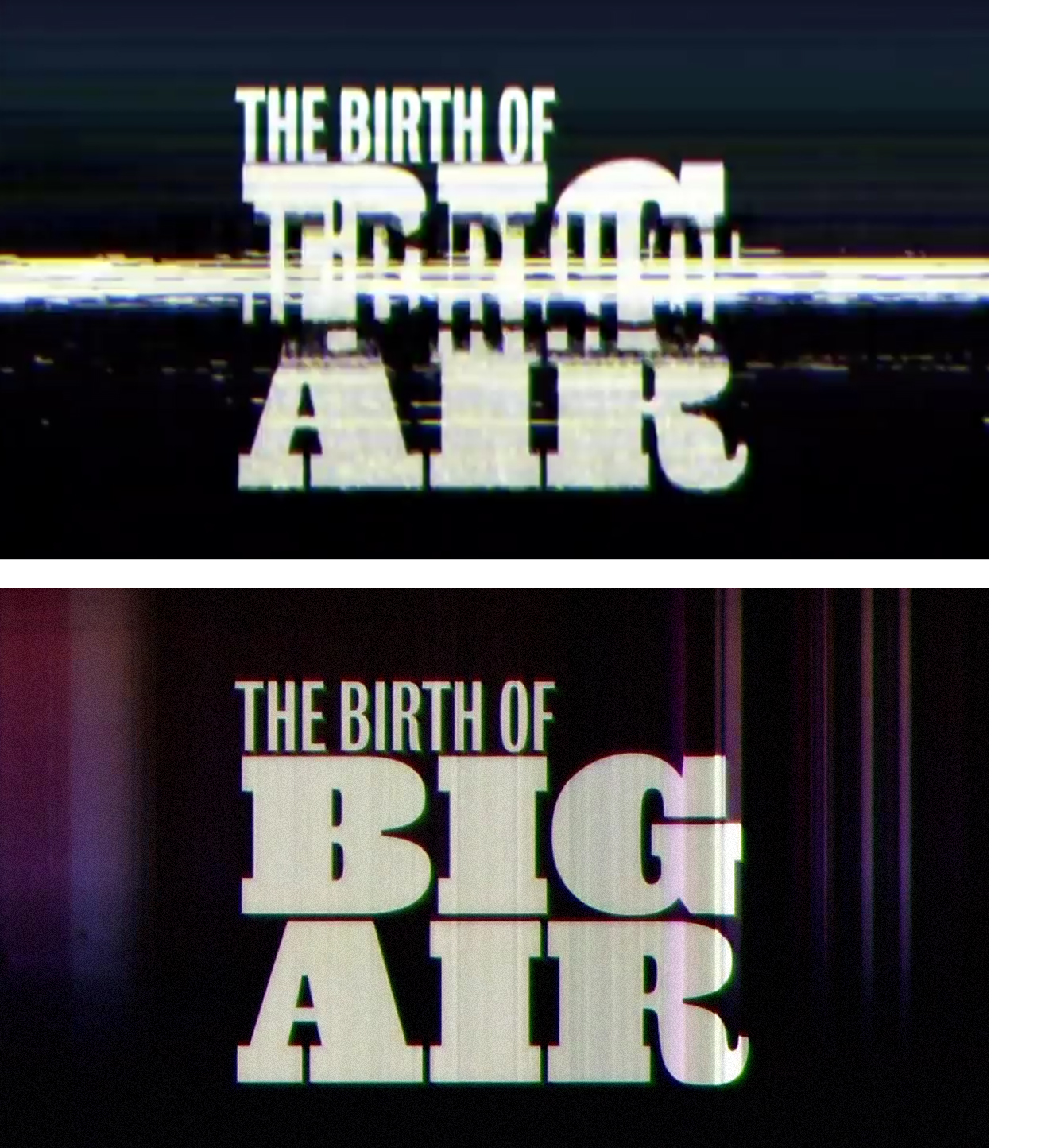 Frame grabs for the opening title sequence of " The Birth of Big Air ," a biographical film featuring the legendary Mat Hoffman . Directed by Jeff Tremaine , the documentary is part of the ESPN 30 by 30 series.