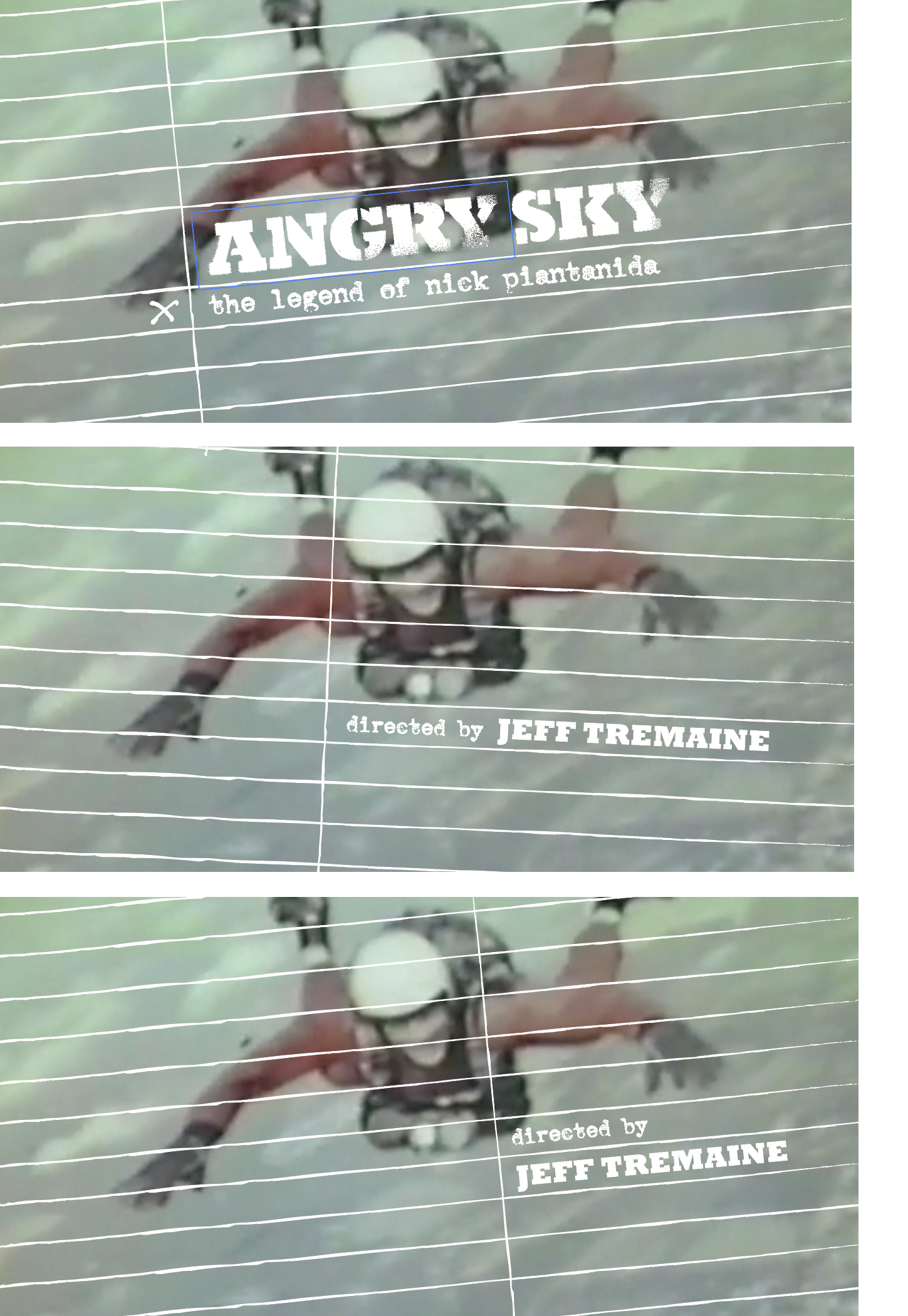 Opening title comps, which eventually became the title sequence for the documentary, " Angry Sky " directed by Jeff Tremaine . The film is part of the ESPN 30 by 30 series.