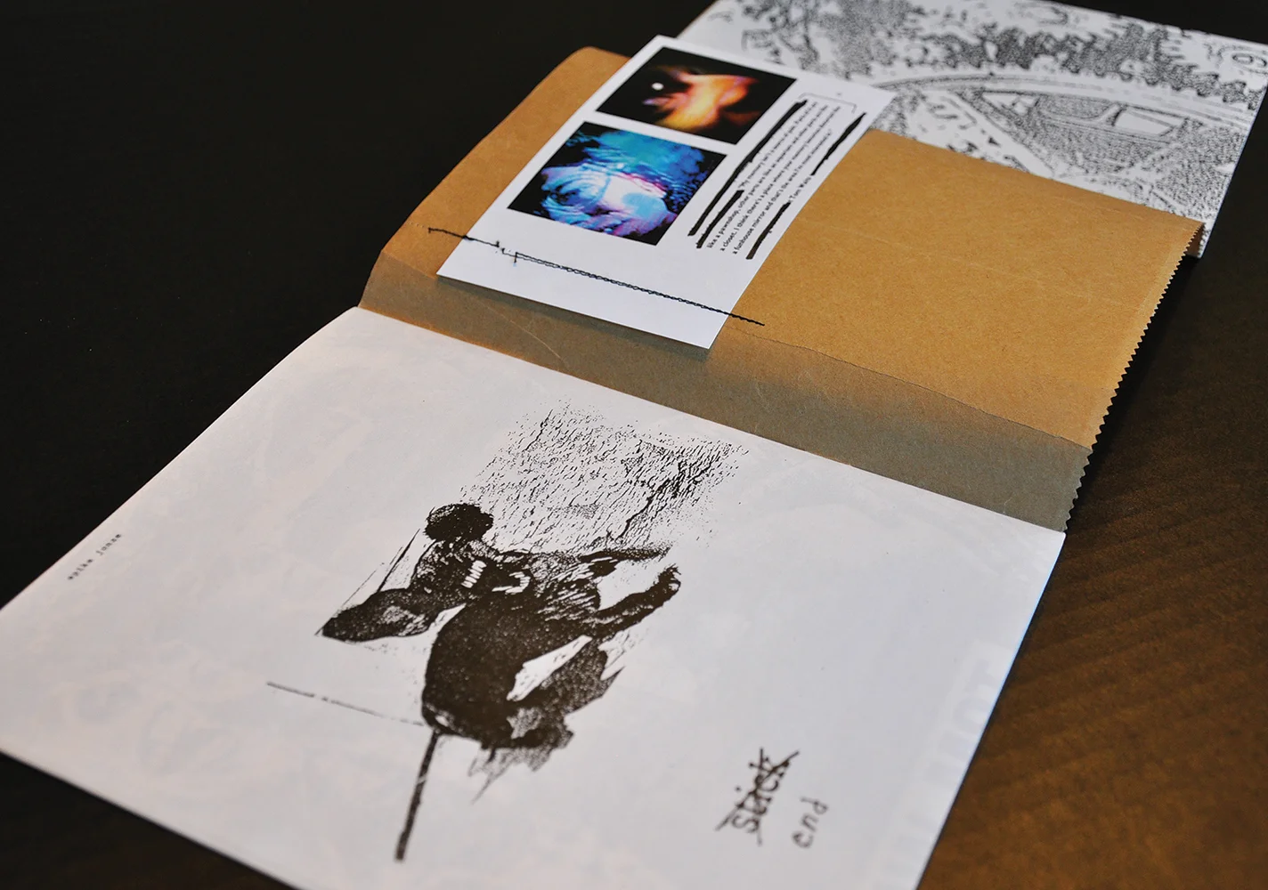 Bend issue #11, "Bend House" featured a fold-out cover attaching two different publications; one by Andy himself, and the other by artist, Rodger Bridges. Artist's bios were sewn onto the back cover.