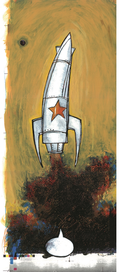 Rudy Johnson pro skateboard graphic for the Girl Skateboard Company . Acrylic and wax pencil on paper, 12" x 32"
