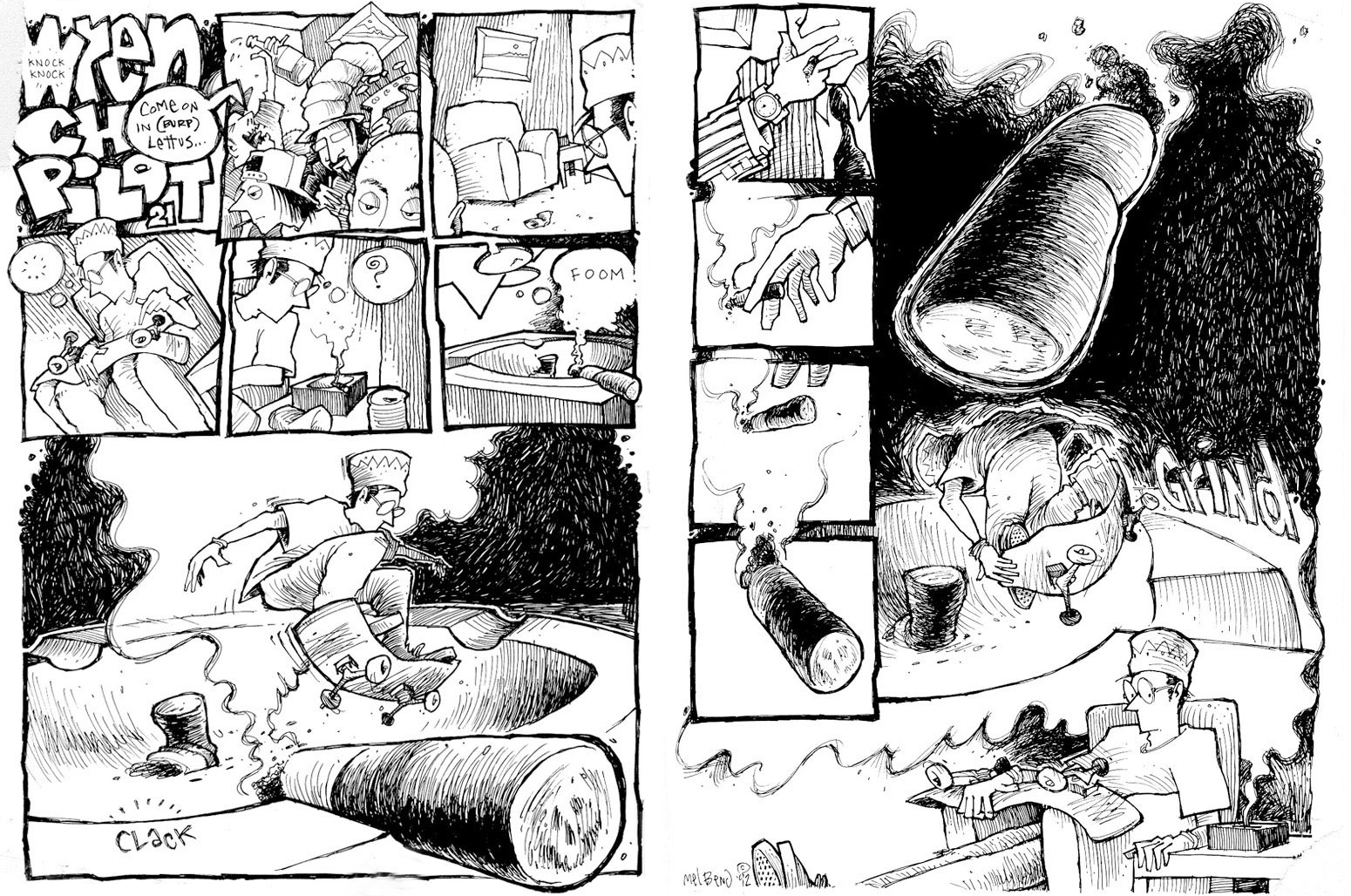 The monthly comic, Wrench Pilot ran for 23 issues of Transworld Skateboarding magazine in the early 1990s. The comic became a cult favorite and holds a coveted spot in skateboarding's richly creative history.