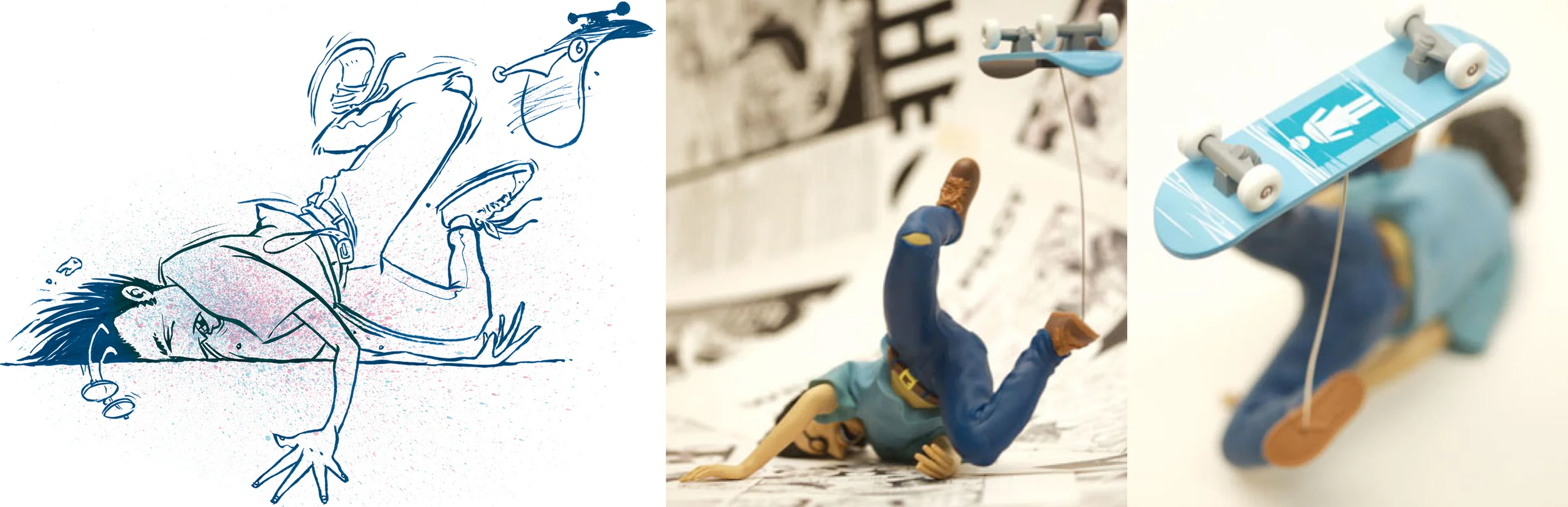 The vinyl figure was based on the ink drawing on the left.