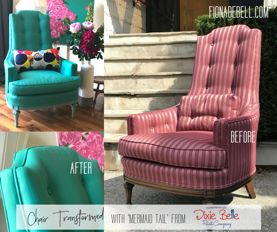 Before and after of a chair painted by Fiona in Dixie Belle color Mermaid Tail. | fionadebell.com