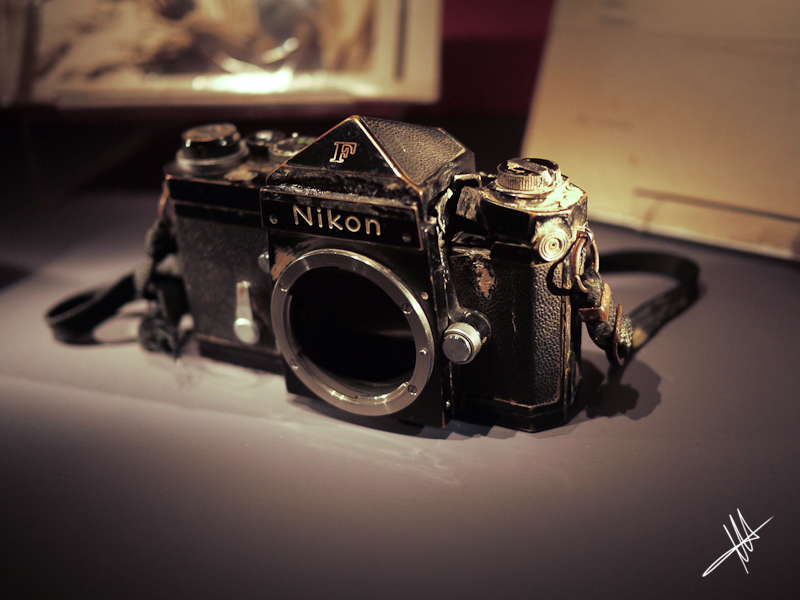 British photojournalist Don McCullin's Nikon F, which famously saved his life in a Vietnamese ambush near Phnom Penh. Image credit: Martin Sharman