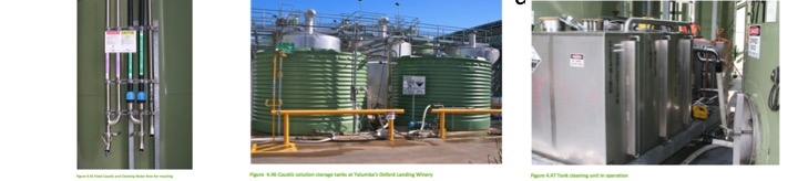 Examples of dedicated caustic piping for caustic reuse, caustic storage tanks for using caustic multiple times and a mobile tank washing unit capable of reusing caustic, citric acid and rinse water from tank cleanings. Source: Winery Wastewater Management & Recycling Operational Guidelines - Australia’s Grape and Wine Research Development Corporation