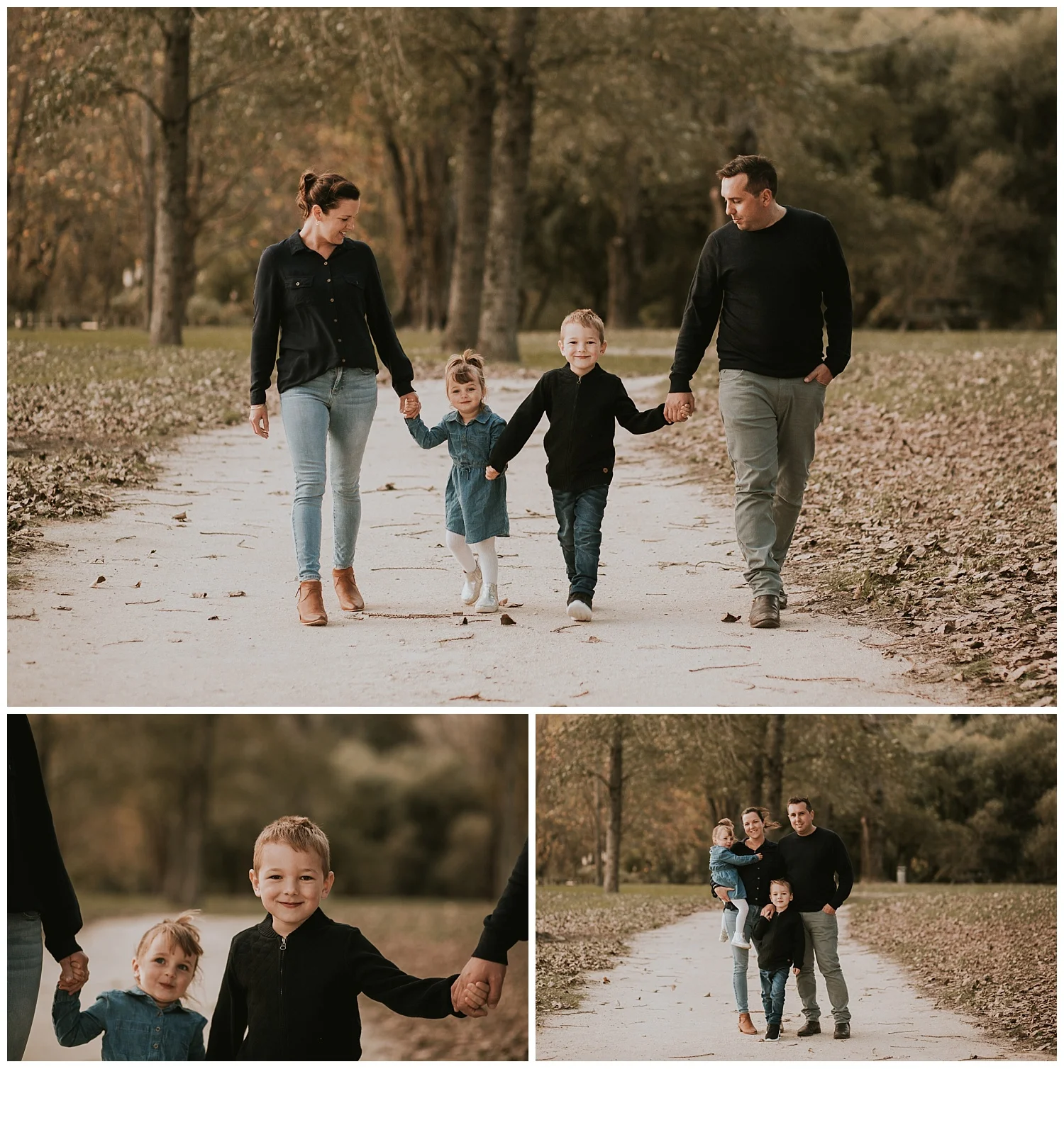 Family portrait evening sunset holding hands 