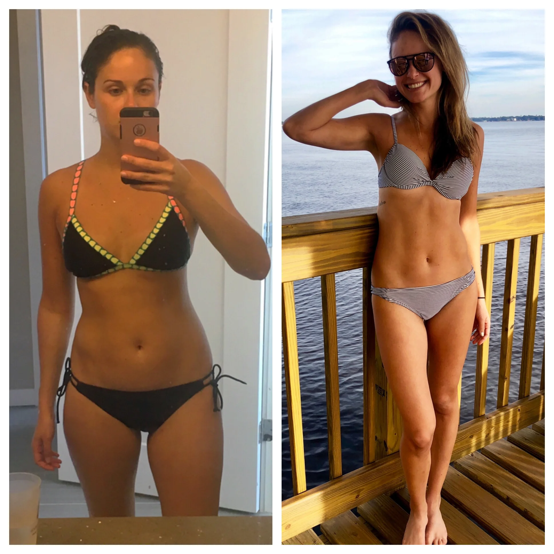 Left: March 2017, unhappy, constantly stressed (and eating!) and always bloated. Right: December 2018, happy, at ease, eating mindfully and no more belly bloat!