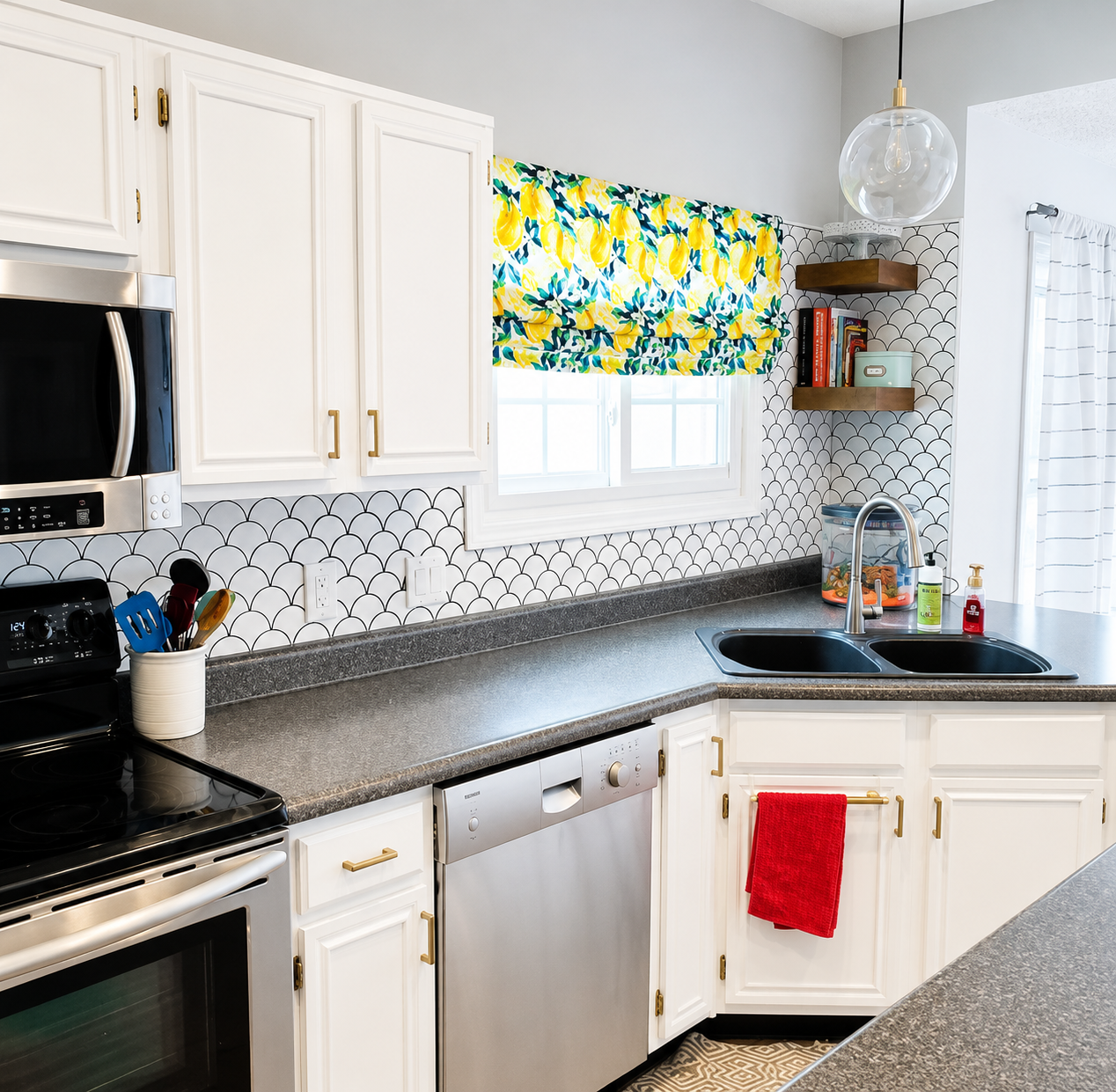 custom kitchen window treatments, made to order. custom roman shade. yellow floral roman shade