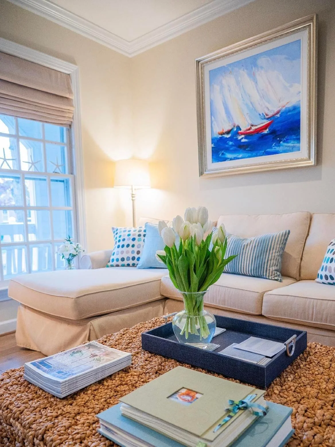 traditional custom roman shades in a nautical living room