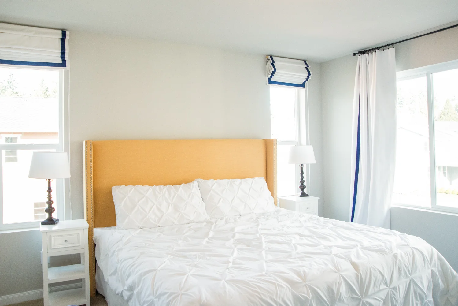San Francisco, California-White Duck Roman Shades with Blue Grosgrain Ribbon Trim and White Duck Curtains with Matching Trim