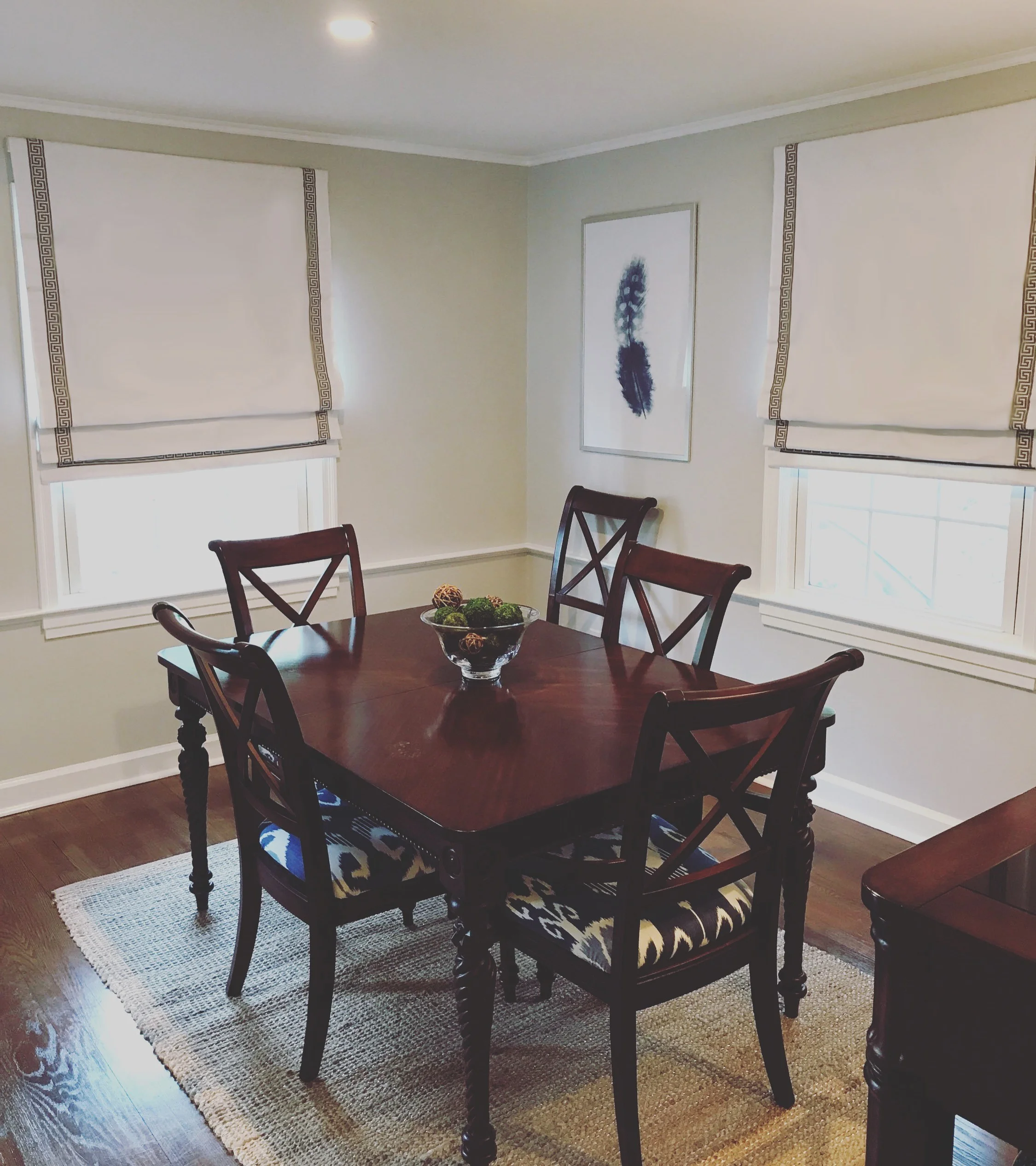 Caldwell, New Jersey- Greek Key Ribbon Roman Shades with Blackout Liner and Cotton Duck Fabric