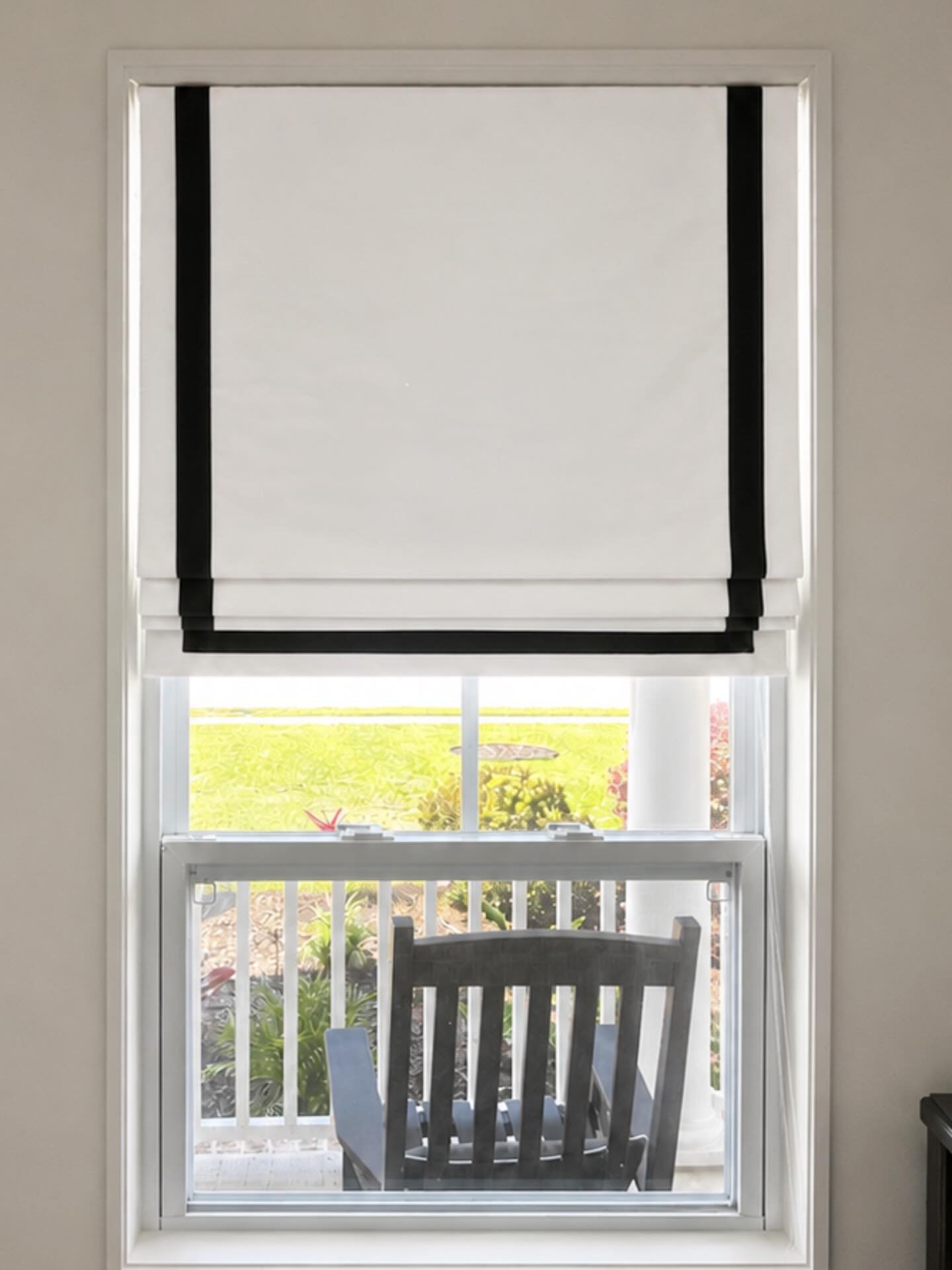 Made 9 of these Roman shades recently for a kind, repeat customer in Georgia.  We used our supplied white canvas and black grosgrain ribbon. #romanshades #etsyshop #customwindowtreatments #customwindows