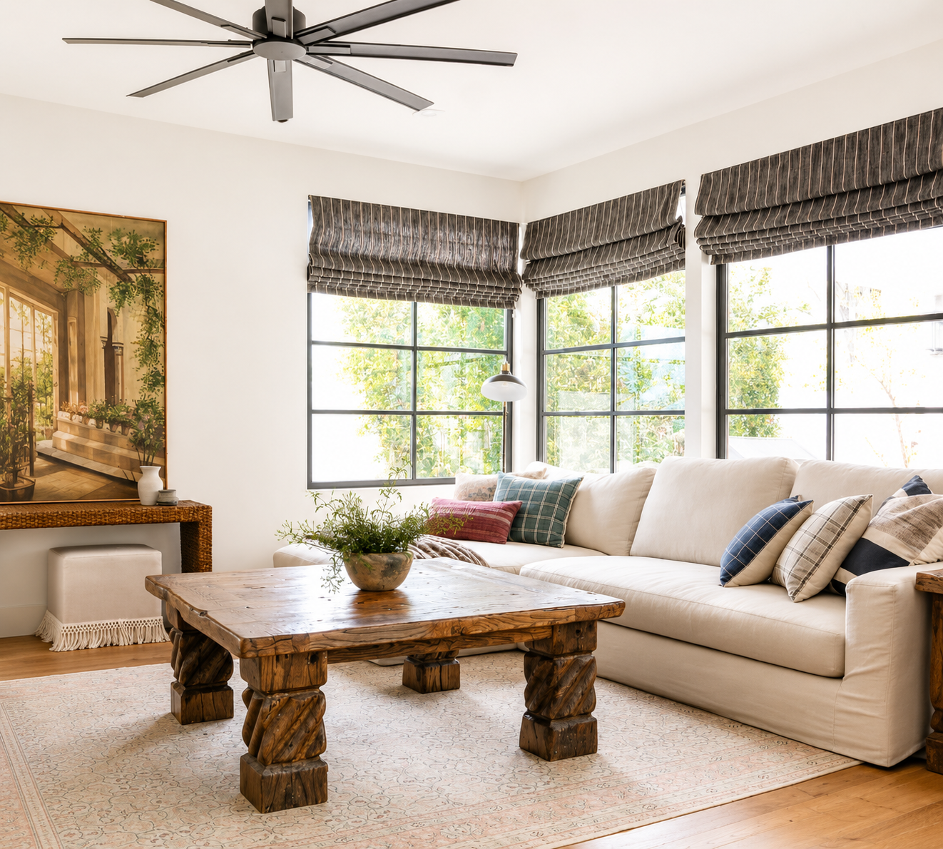 Custom Living Room Window Treatments and Roman shades