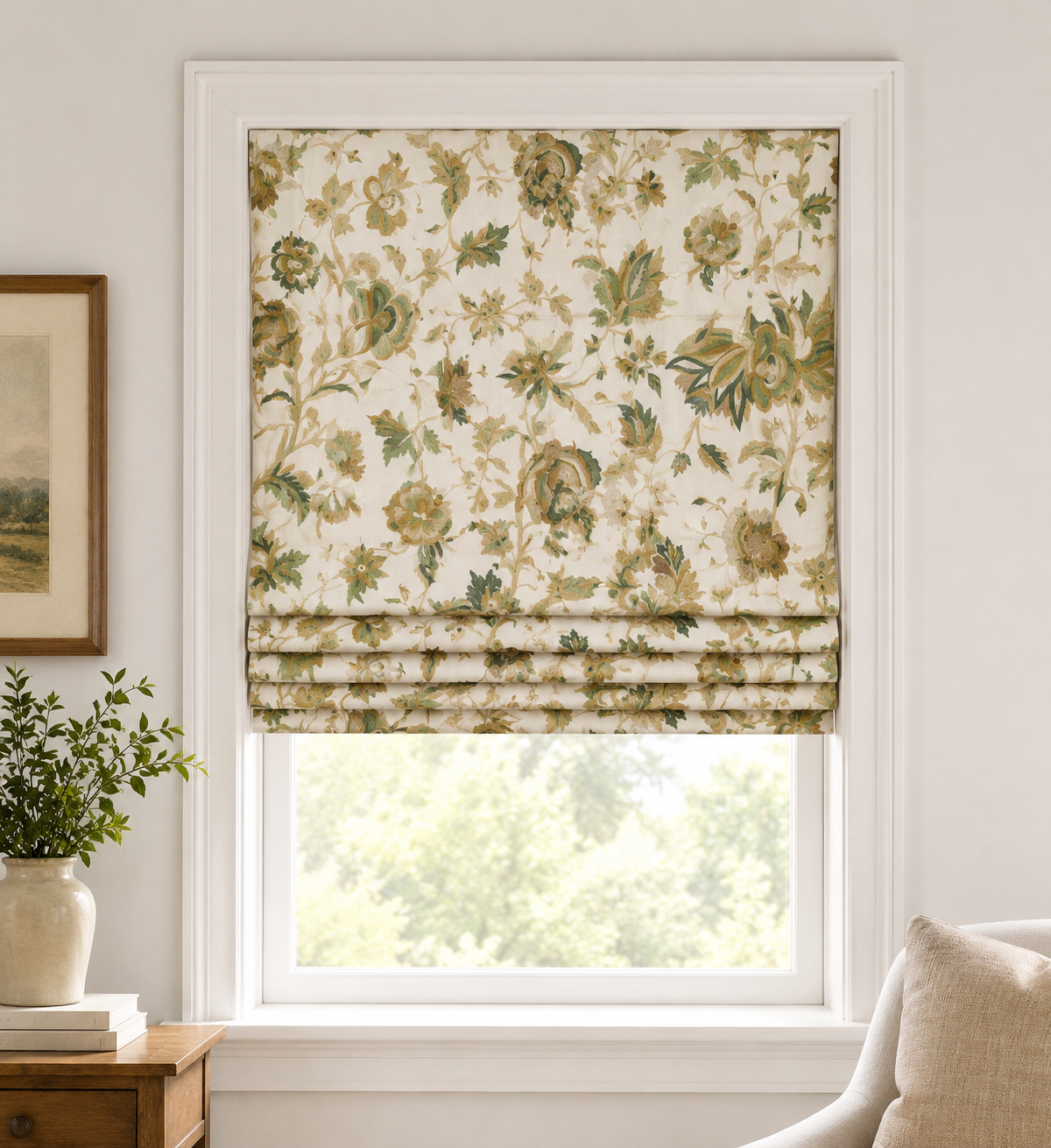 Custom Roman Shade Made With Pottery Barn Fabric, Lydia Palampore Embroidered Fabric in Golden and Labor included