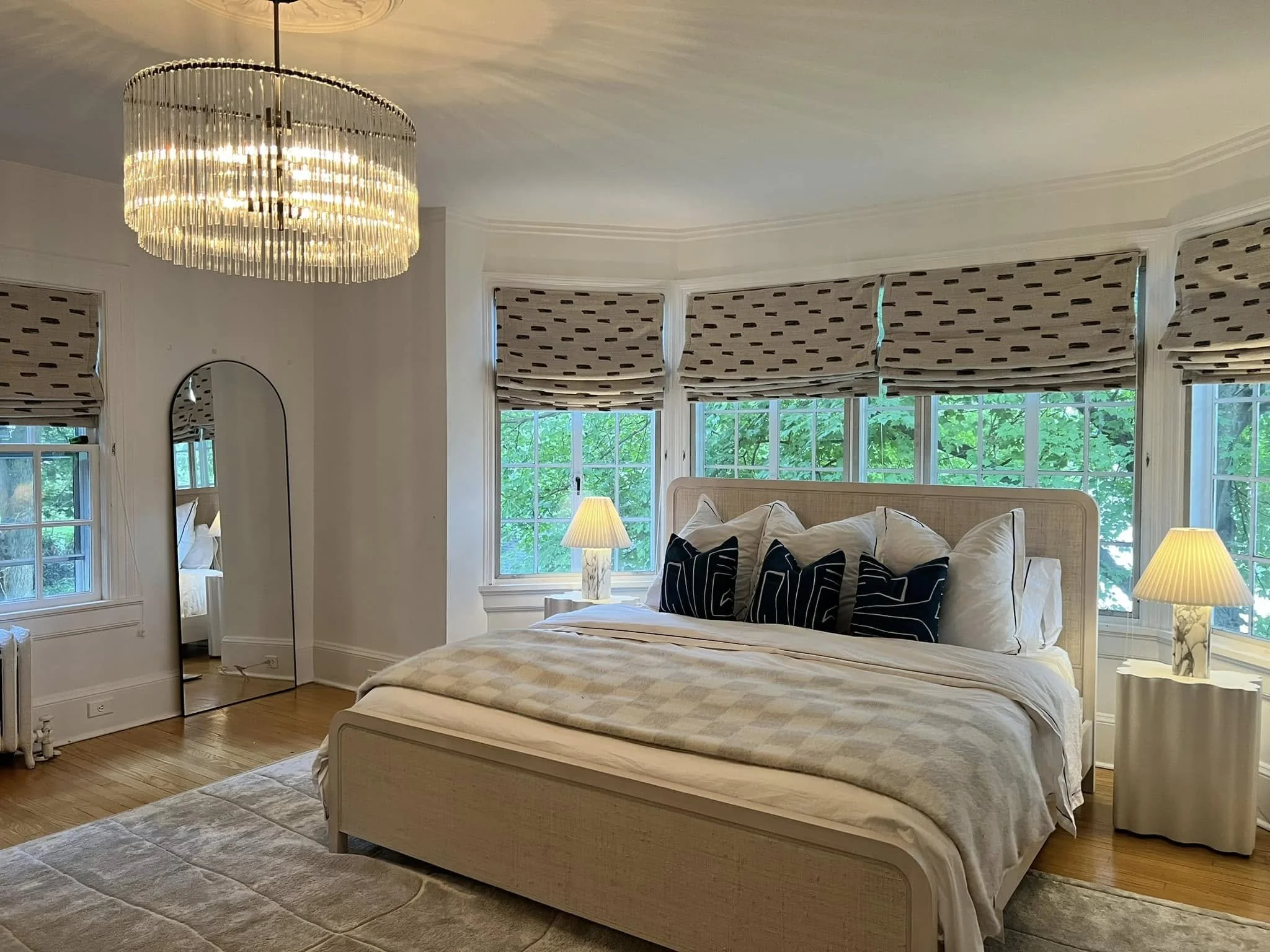 Blackout bedroom roman shades using COM (customer own material). 