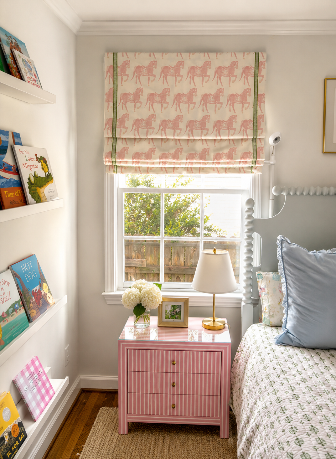 Georgia- Girl's Bedroom Roman Shade Using Schumacher fabric and trim. 