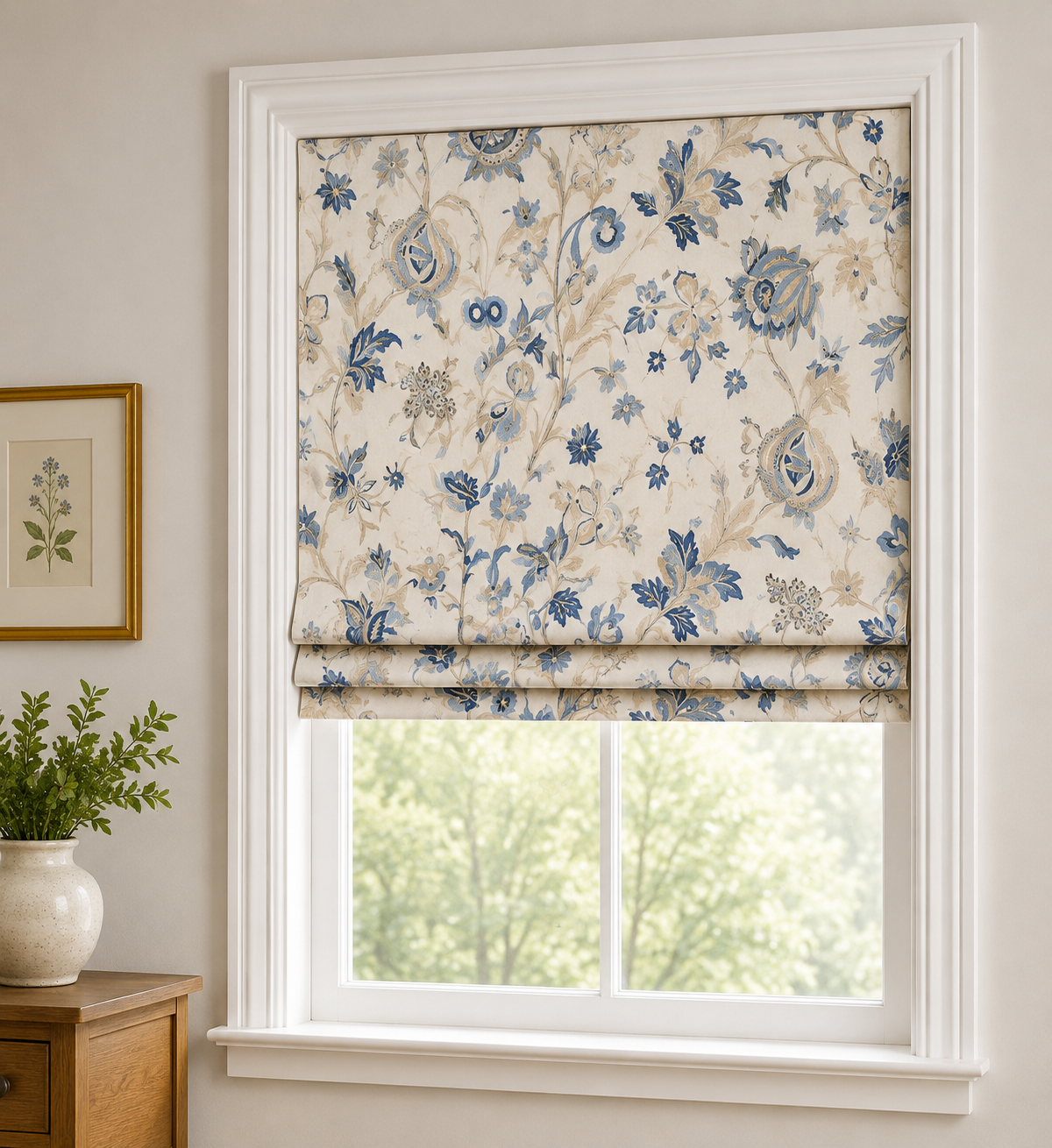 Custom Roman Shade Made With Pottery Barn Fabric, Lydia Palampore Embroidered Fabric in Blue and Labor included