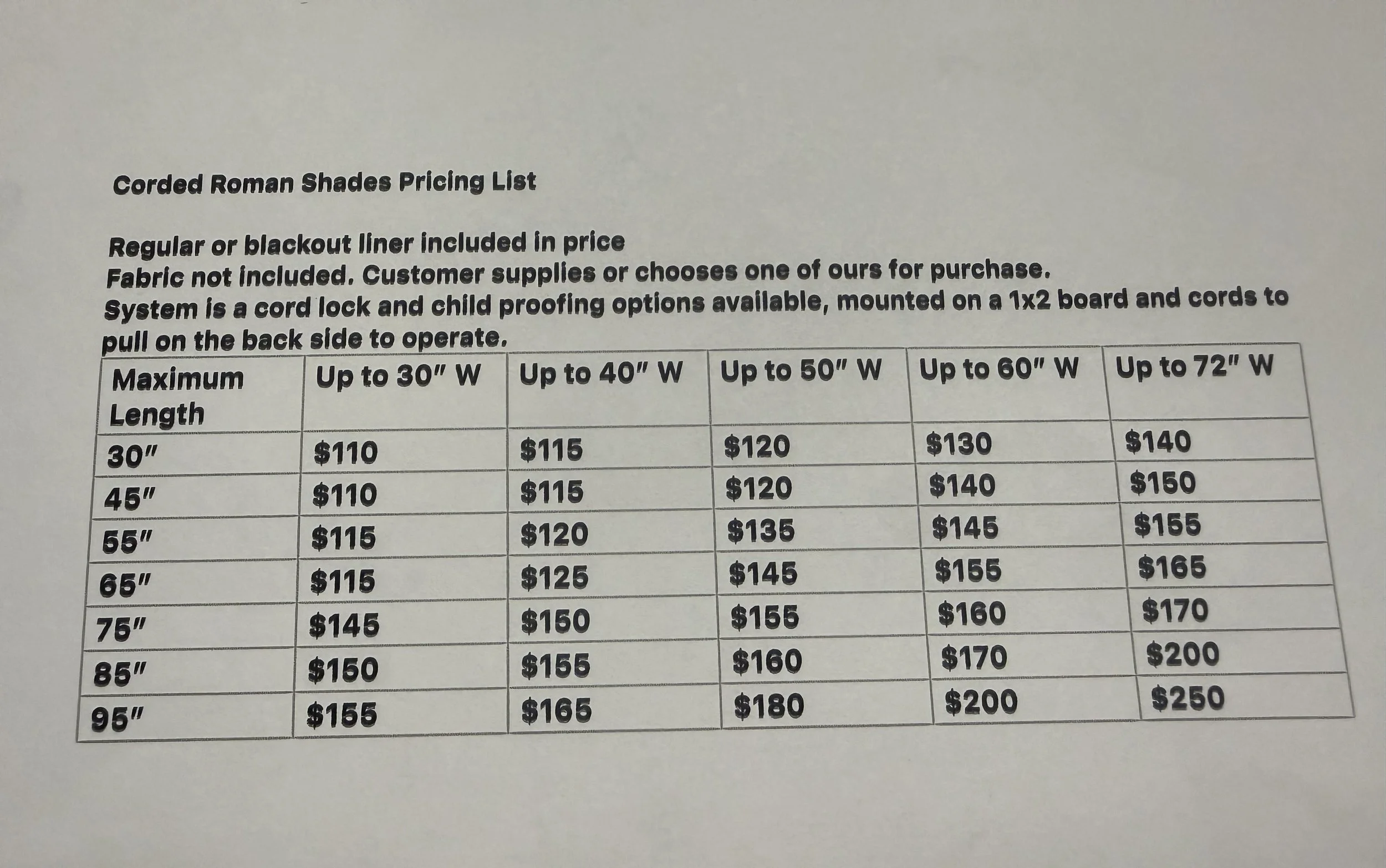 corded roman shades price list