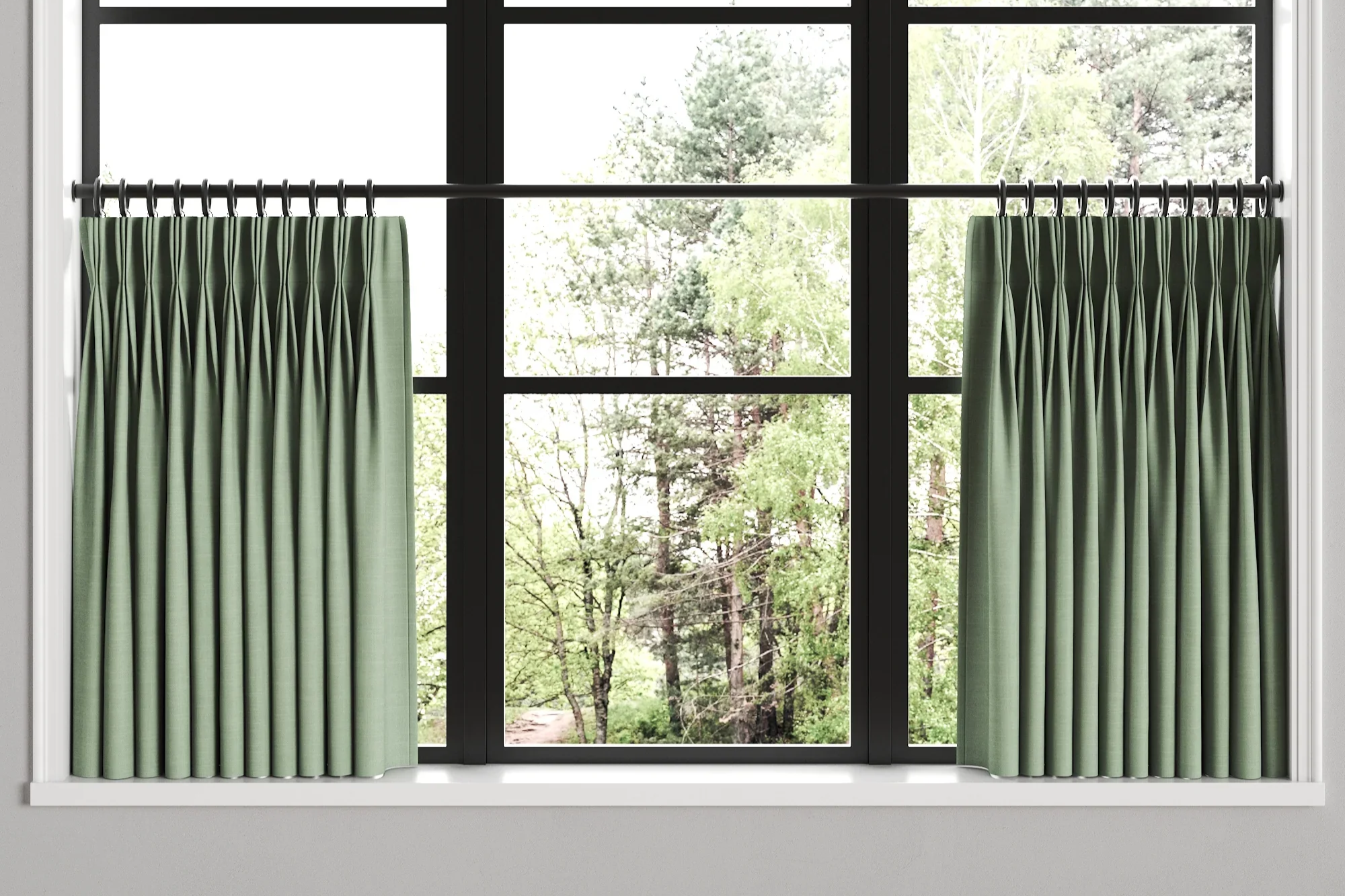 A large window with black framing and green curtains on either side, overlooking a lush green forest with tall trees and bright daylight.