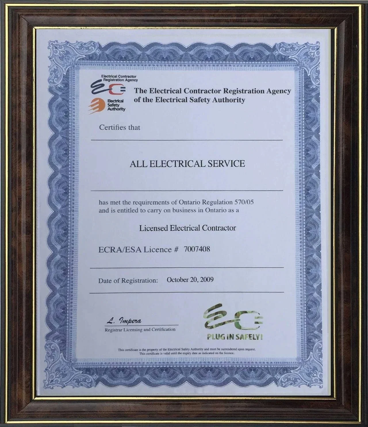 Official ECRA/ESA Licensed Electrical Contractor certificate of registration for All Electrical Service in Ontario.
