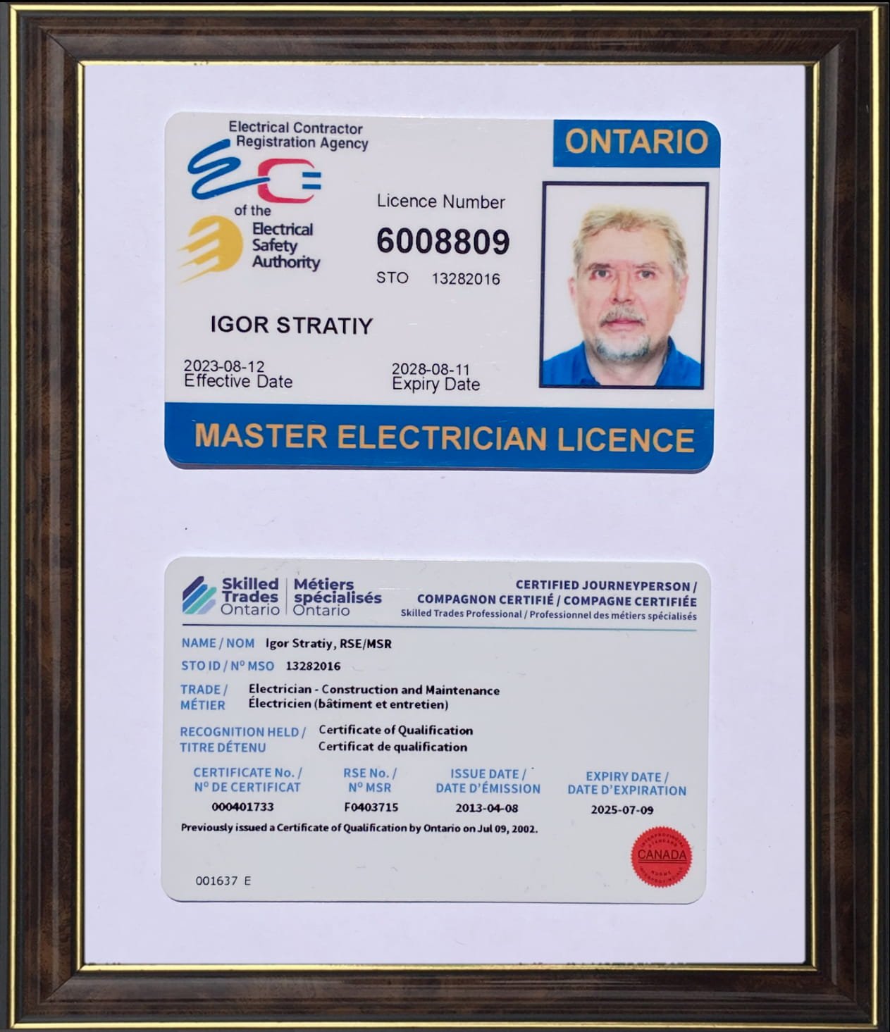 Official Ontario Master Electrician Licence issued by the Electrical Safety Authority to Igor Stratiy.