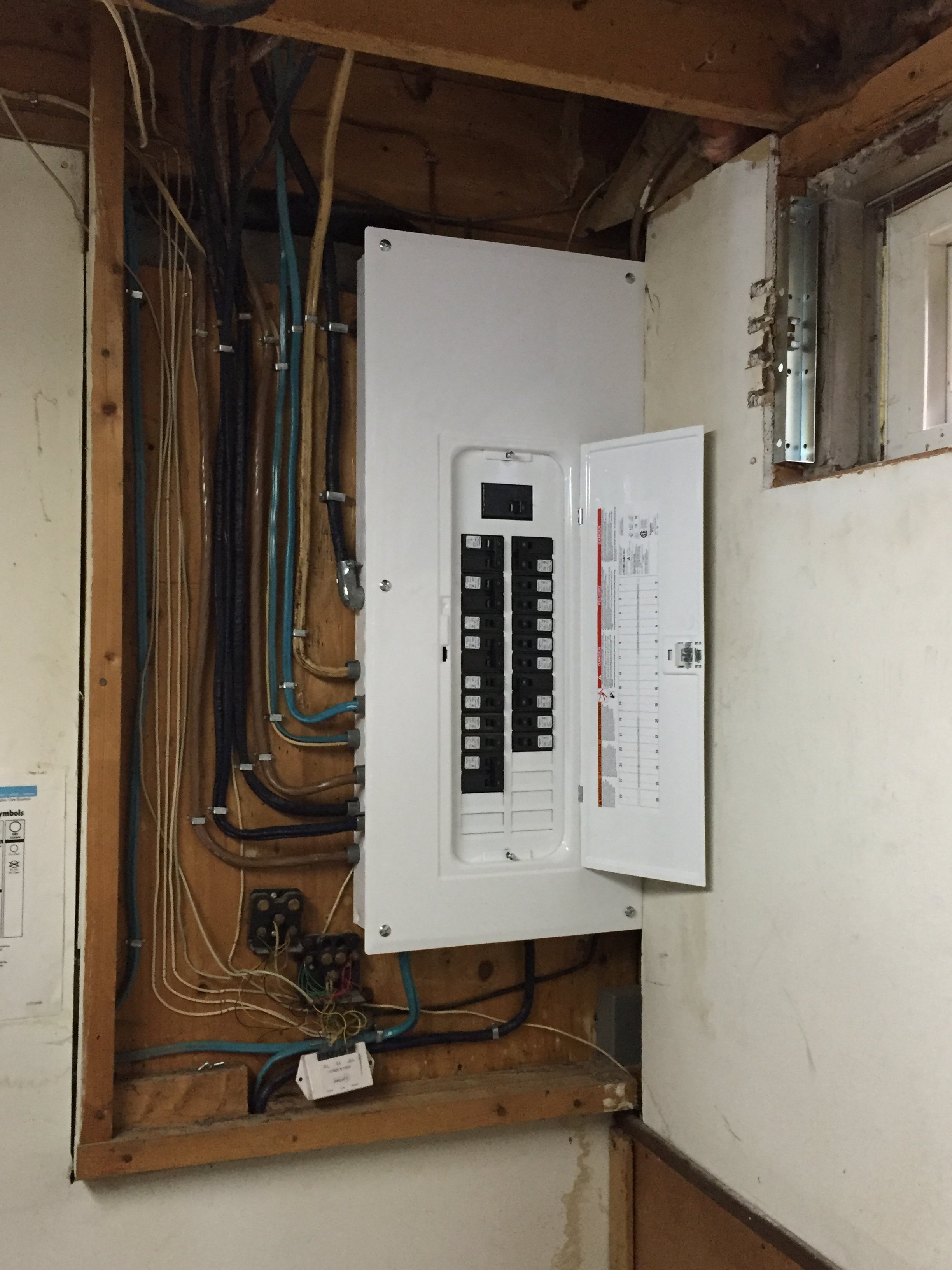 A new 100 amp multi-breaker panel was installed in a house to replace an old fuse box panel.