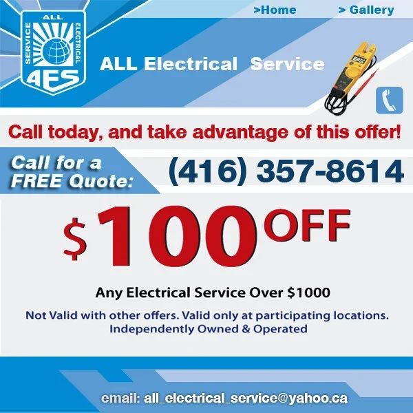 All Electrical Service discount coupon - $100 OFF any electrical service over $1000.