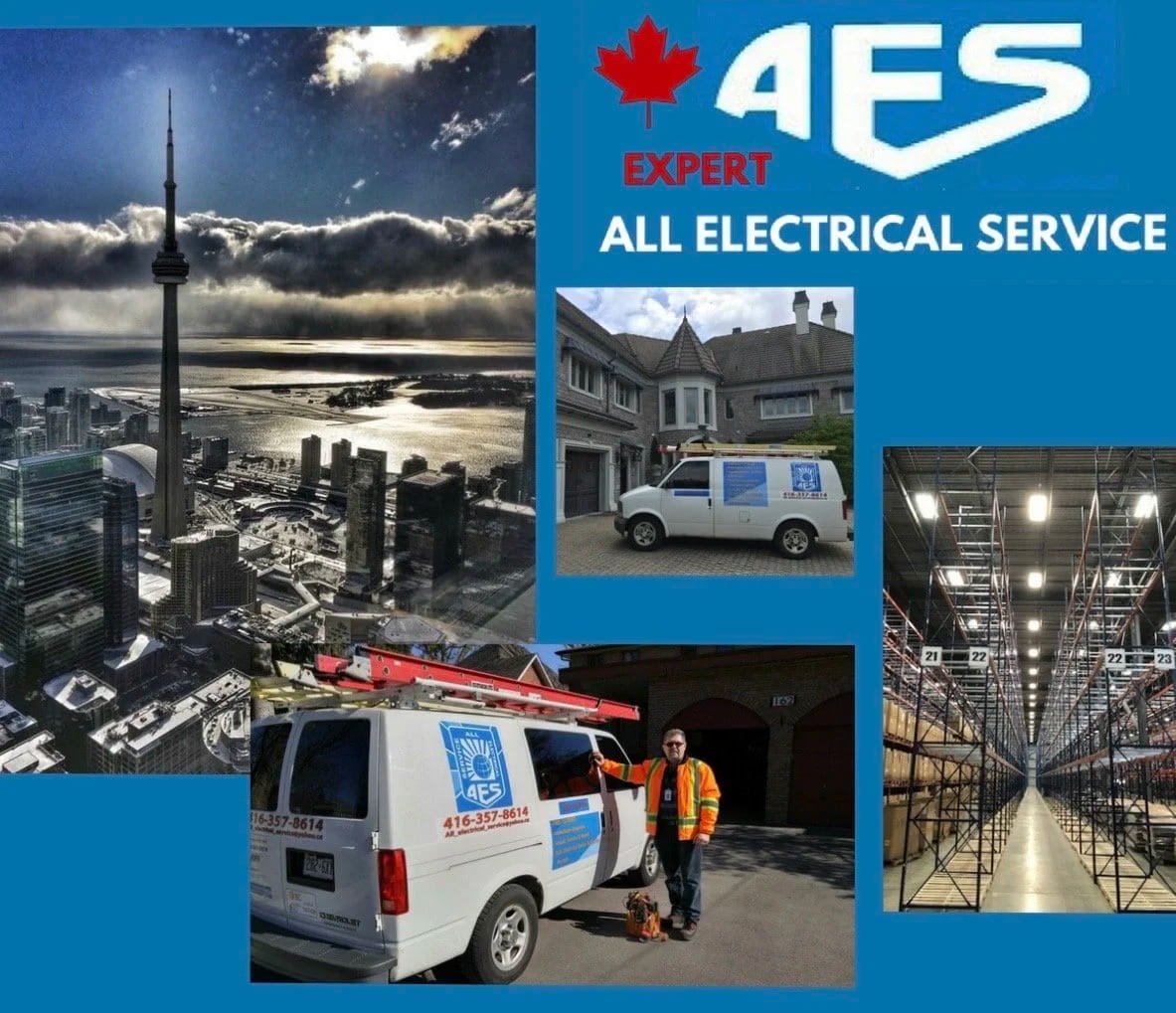 Overview of All Electrical Service company featuring service vans, commercial projects, and the Toronto skyline.