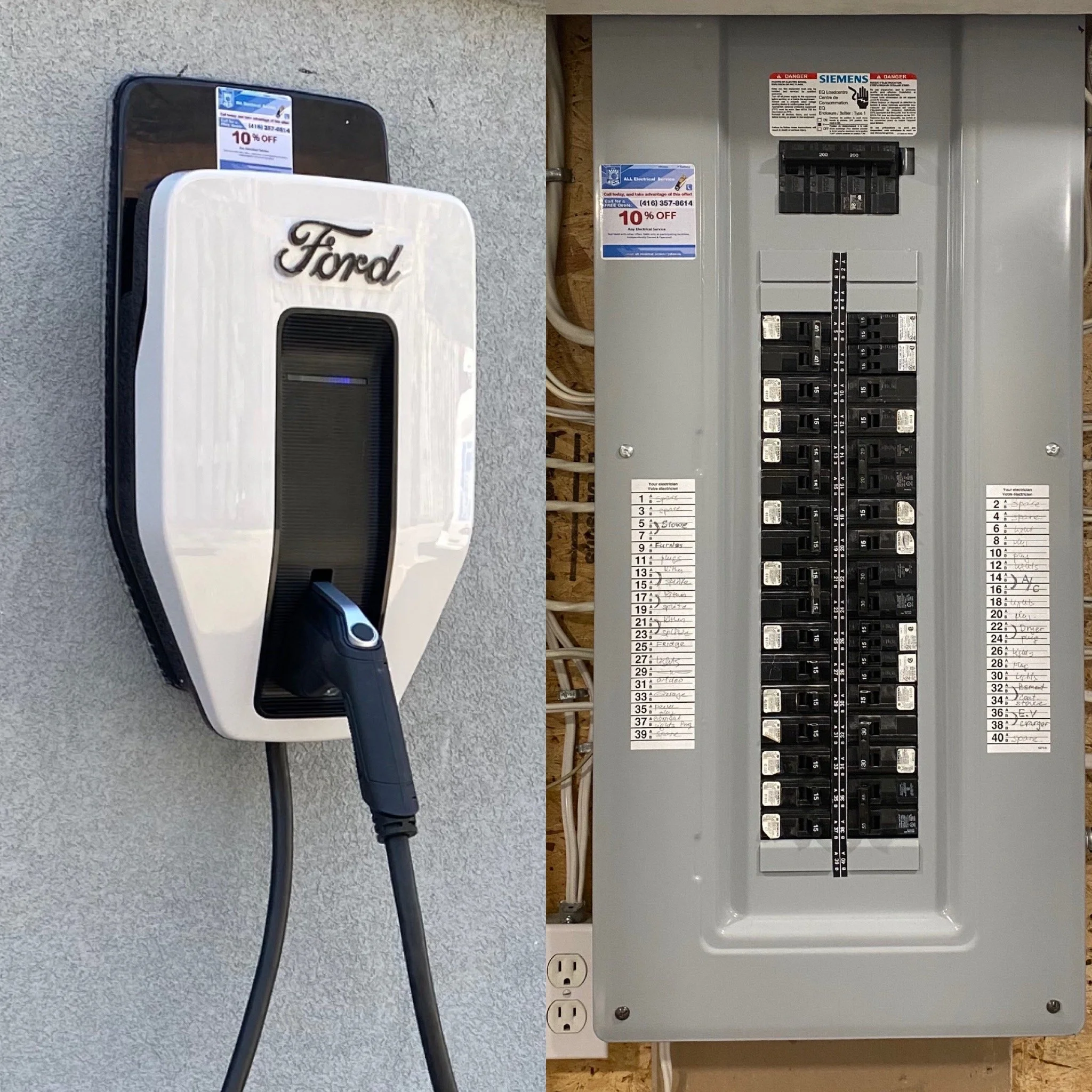An electric vehicle charging station with a charger and a main electrical panel with circuit breakers is installed on an office building, allowing for fast charging of any Ford electric vehicle models.