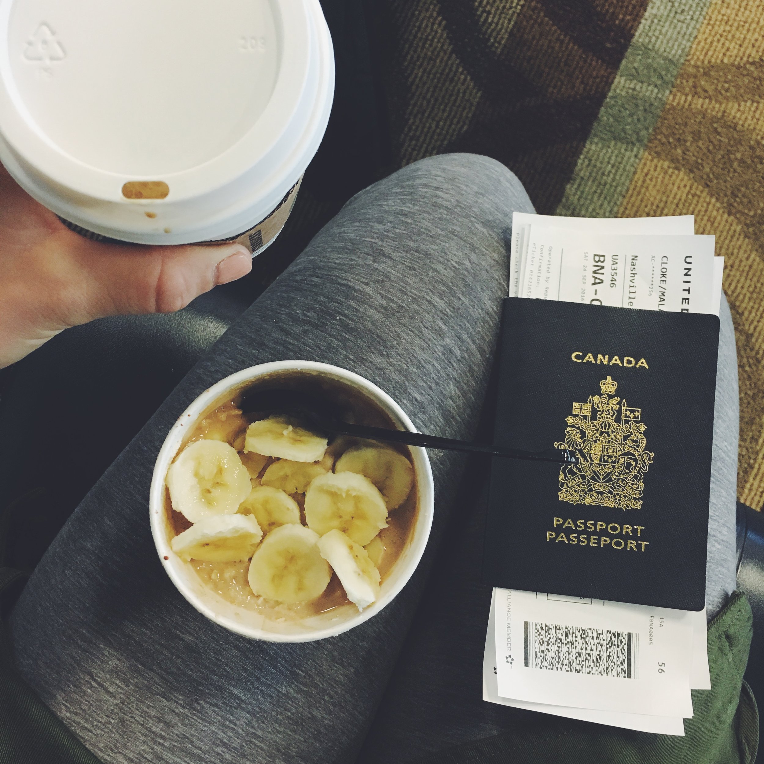 A simple airport breakfast: Starbucks oatmeal (no toppings) + banana + protein powder (bring your own) ... and a flat white. I take pictures of my food because it helps keeps me present with what's right in front of me and sometimes I swear I enjoy food more when I actually take the time to recognize it with my camera.