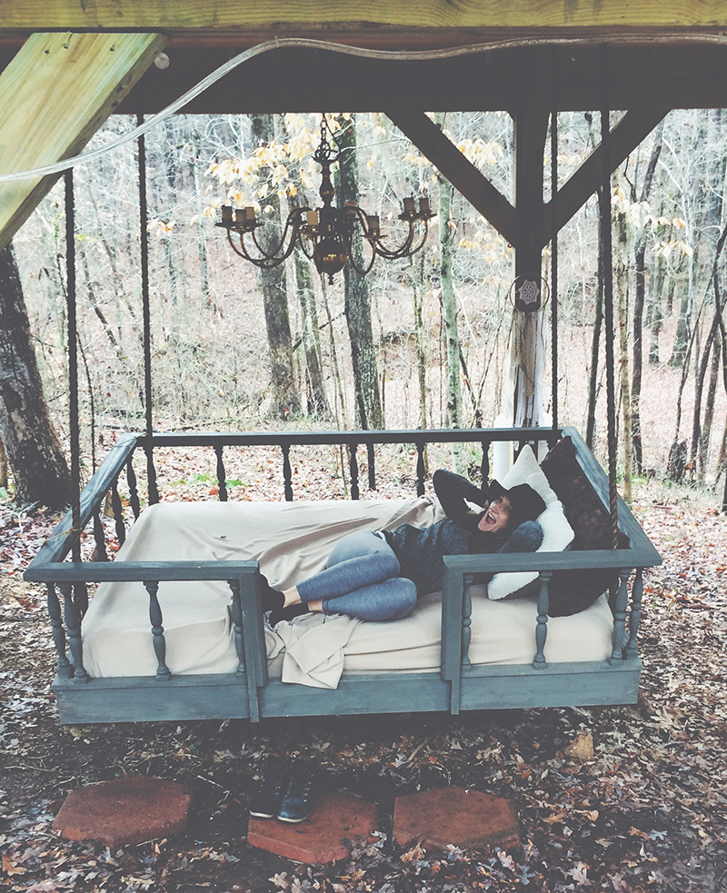 Hanging rope swing bed ... post nap. Photo taken by Lola upon arrival.