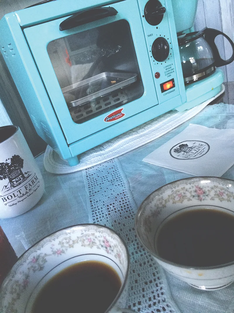Breakfast station and the coffee maker (after our disaster).