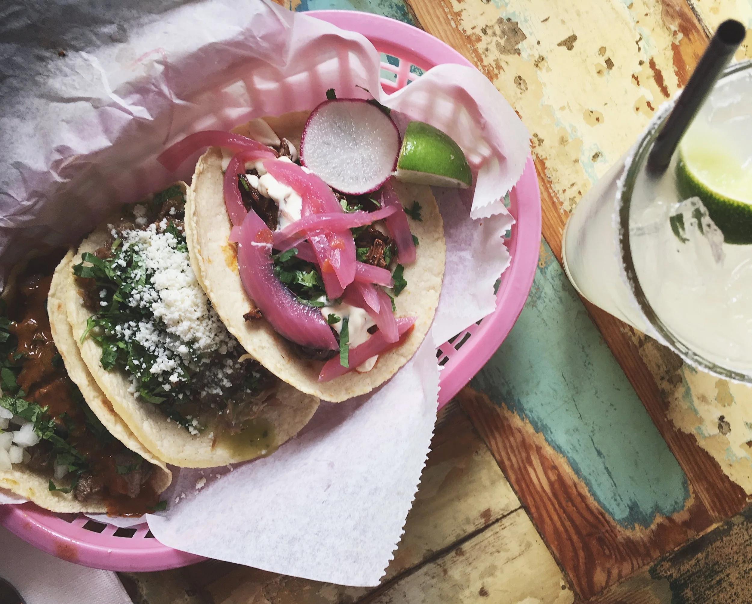Tacos from Por Que No? (N Mississippi Ave) . . . with a margarita on the side. Mississippi Ave was a good street.