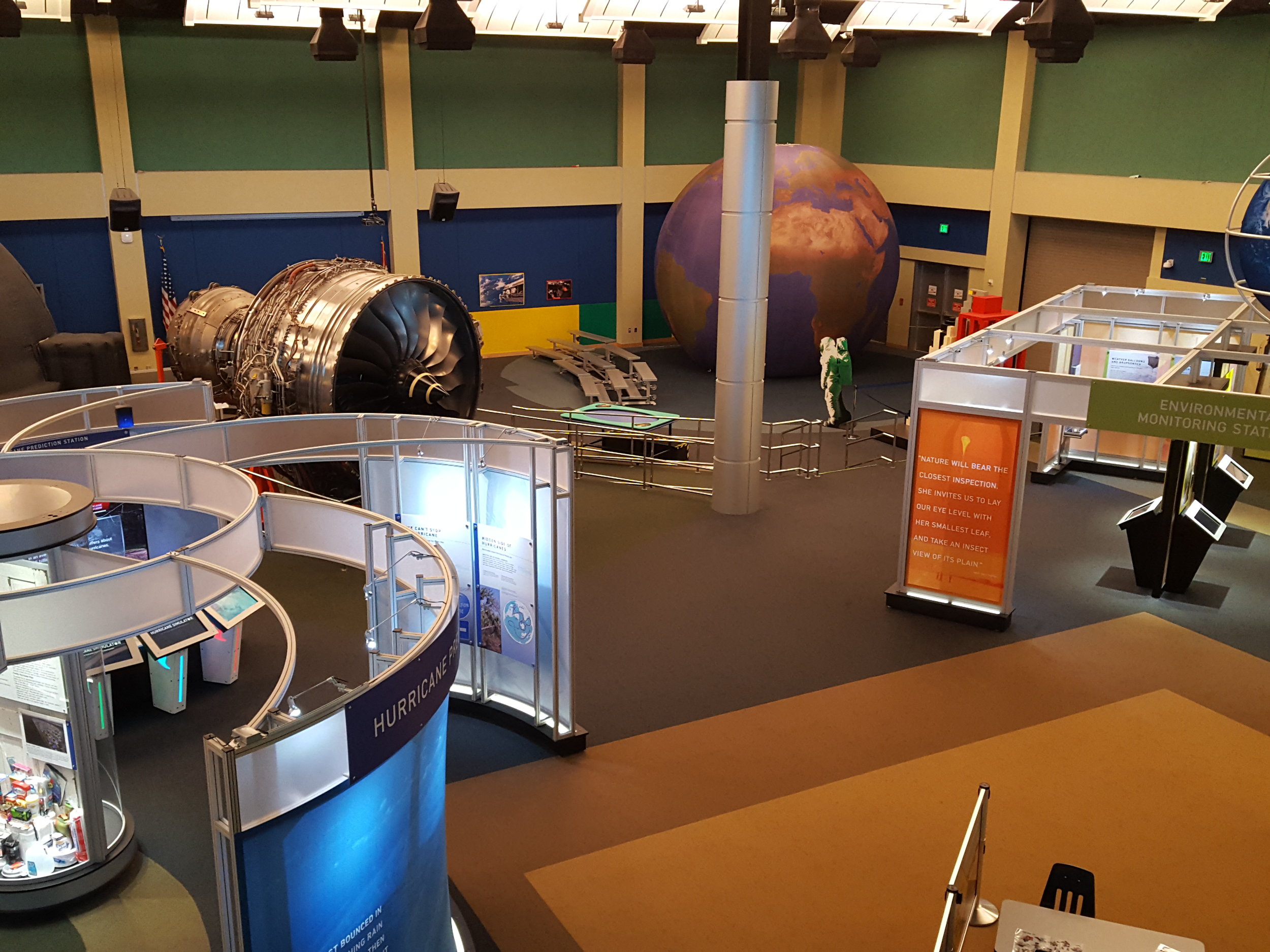 Main floor exhibits including a hurricane weather exhibit, a rocket engine, buoy research and a giant blow up replica of Earth!