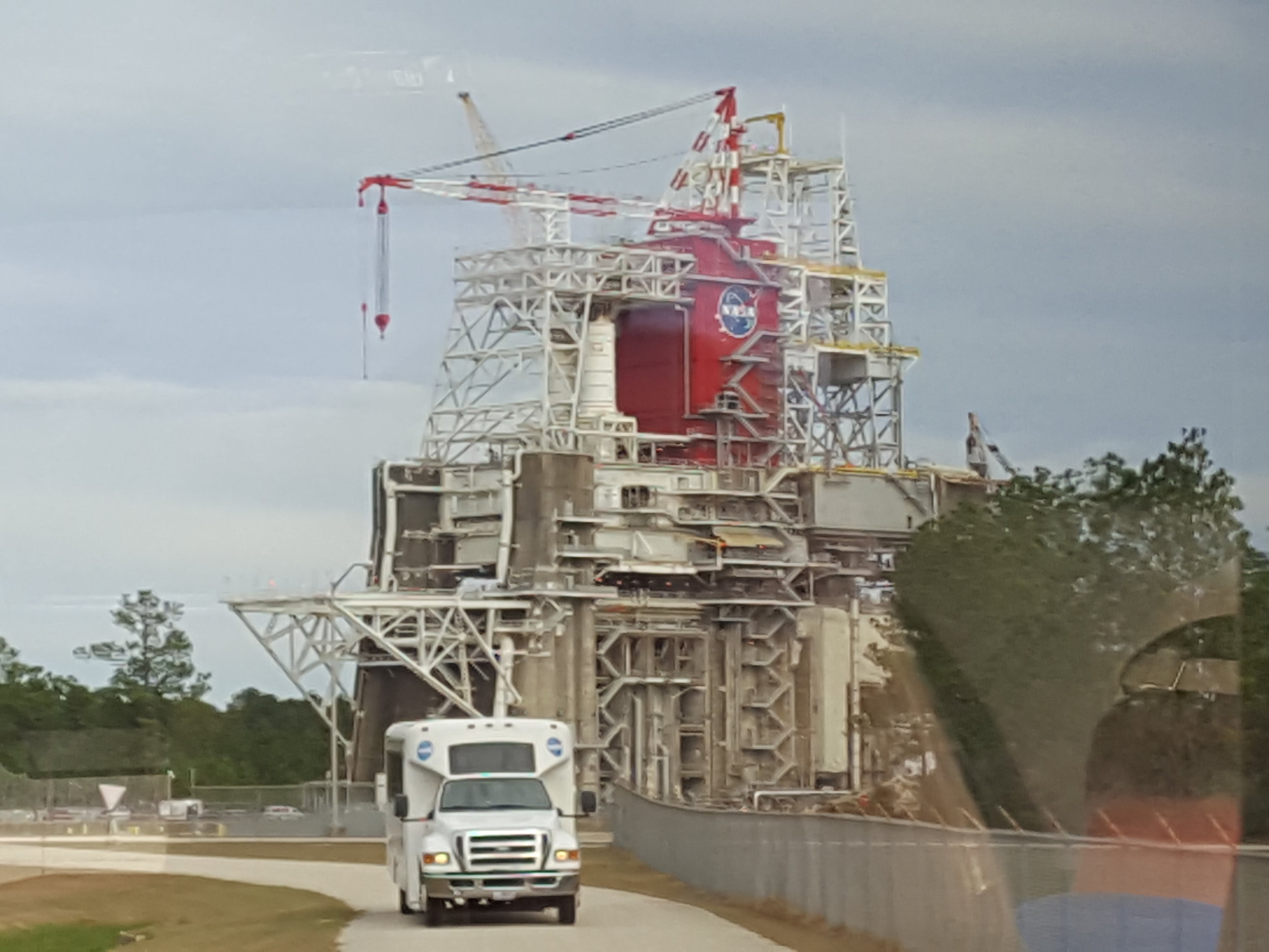 Blurry photo of a main test stand on John C. Stennis Space Center, apologies, it was taken from a moving tour bus through a dirty window.