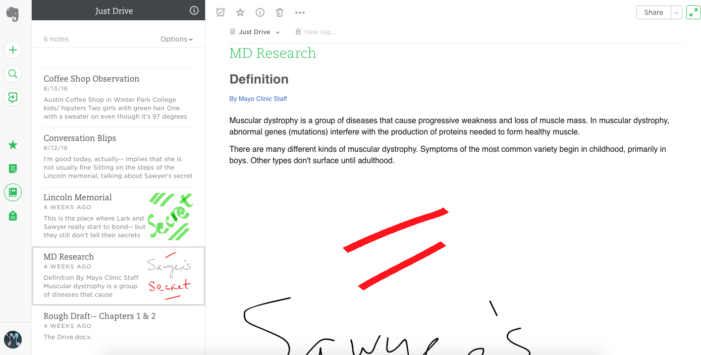 Here is a note page in one of my notebooks. It contains some research that I was doing to develop a character. Notice, too, that if you are using Evernote on an iPad, you can also add hand-written notes as well.