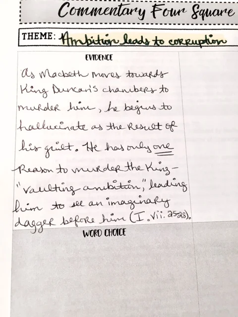 Commentary for Literary Analysis: Four Square Strategy for Success ...