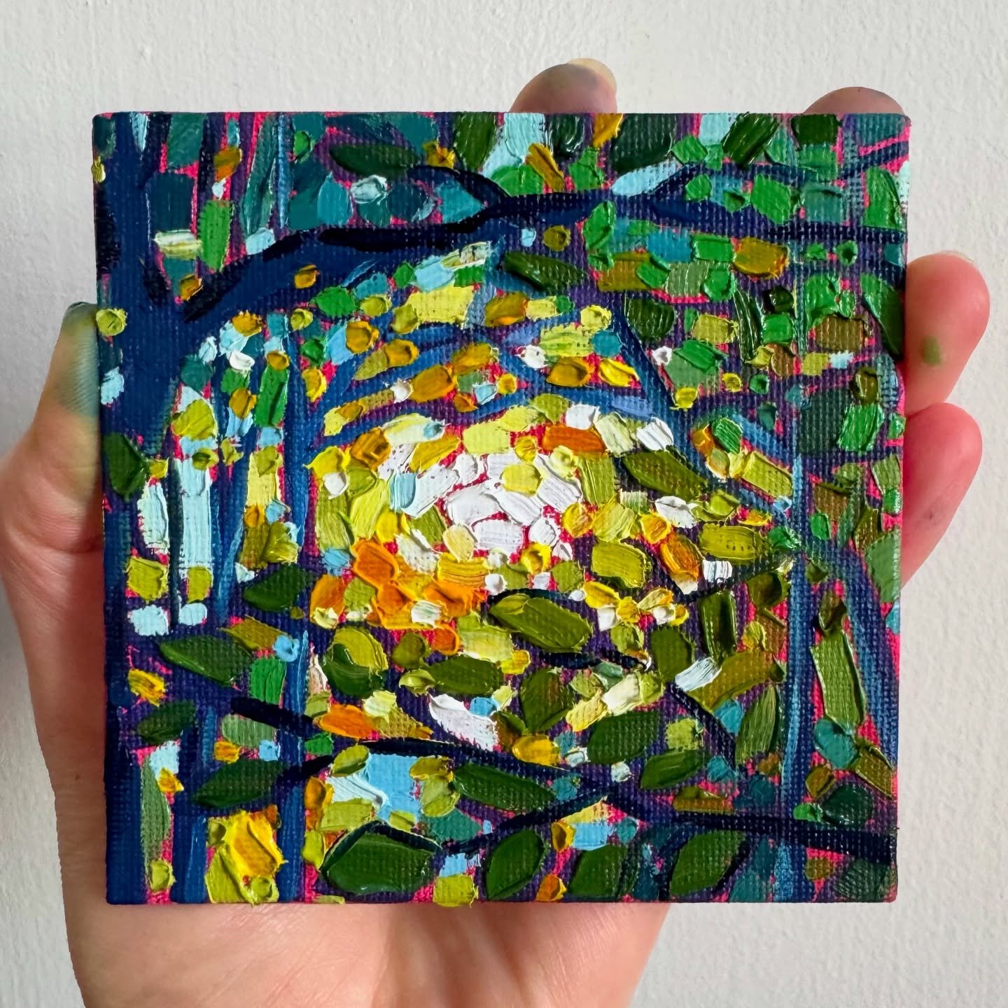 Yall know me, can&rsquo;t help but admire how light refracts through the leaves of trees in the low evening light 🔆
[4x4, oil on canvas board]
[$75 unframed, $100 framed]
.
.
.
#lightsandshadows #light #leaves #sunlight #thickpainting #fyp #fypシ #la