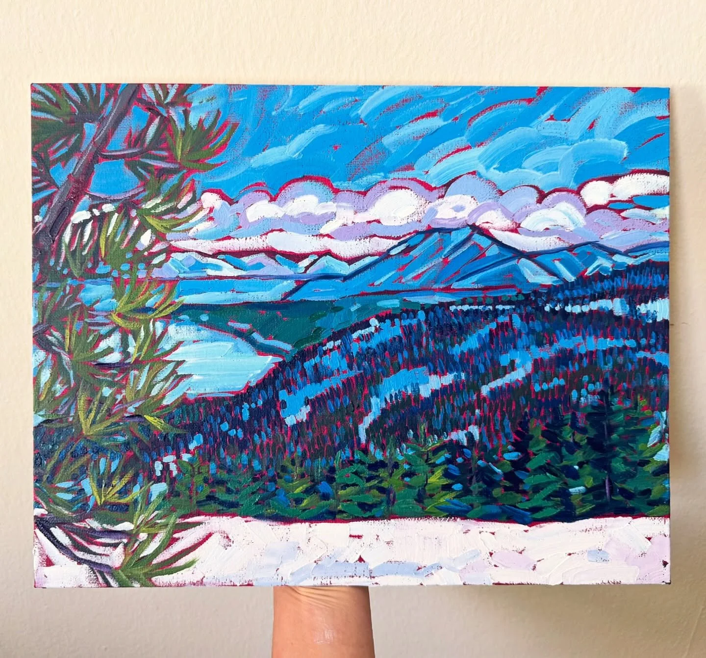 View of snowy Tahoe from West Lake ❄️ Sadly one of the view snowy views we got this year! 
.
[11x14in, oil on canvas]
[$315]
.
#painting #sfartist #tahoeart #tahoepainting #painter