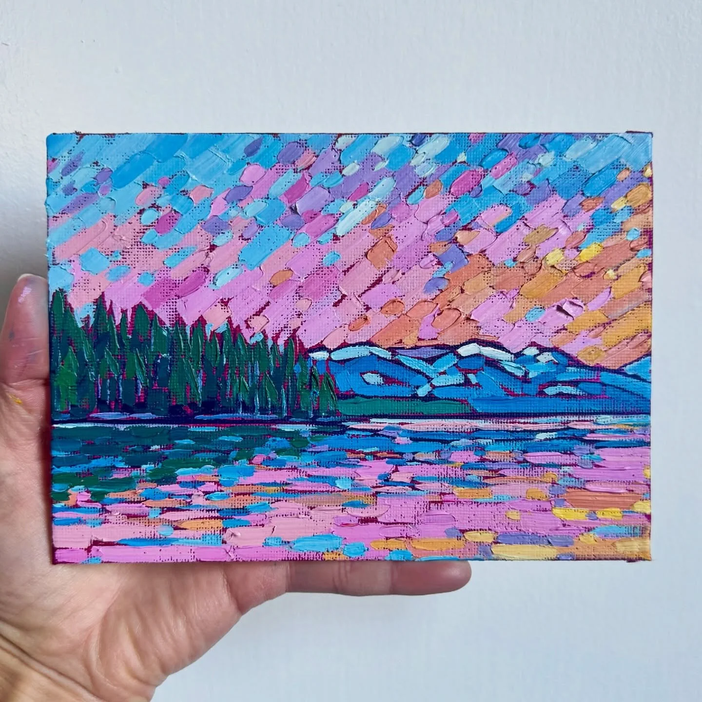 Sunset from Sunnyside on Tahoe&rsquo;s west shore is nothing but magic ✨ I love watching the reflection of the sky shift from pinks to oranges as the sun goes down&hellip; 
.
[5x7in, oil on canvas board]
[$175]
.
#tahoe #sunset #landscapepainting #oi