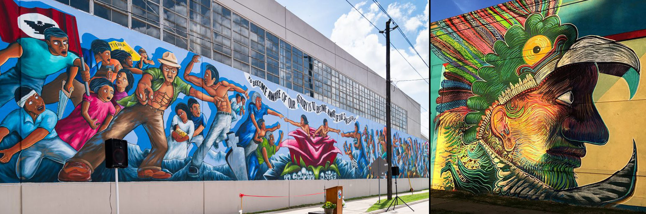 (L) Leo Tanguma, Rebirth of Our Nationality , 1973 and 2018. 240ft, 5900 Canal street, (with Gonzo247). (R) Angel Quesada, El indio de la guardia , 2016. Corner of Leland and St. Emmanuel, 30’ x 30’.