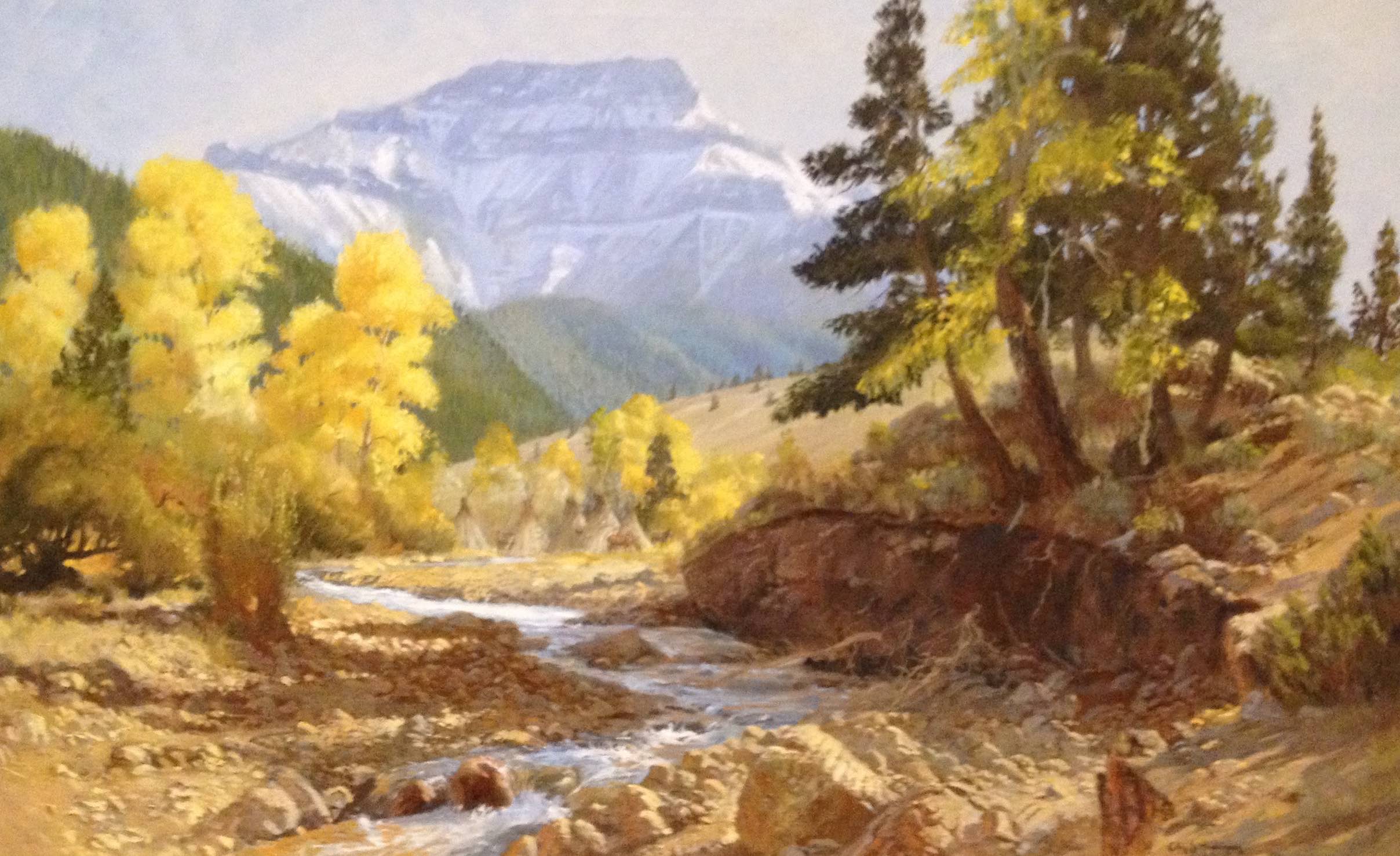 Many years ago I took this large 30 x 40 canvas up toward Yellowstone on the North Fork of the Shoshone River and painted most of this scene on location. It was purchased by Jim Nielsen, President of Husky Oil (centered in Cody, Wyoming where we lived for many years). The painting became part of the Husky Oil collection and then when Marathon Oil Company purchased Husky Oil the painting became part of the Marathon Collection. I hadn't seen it for many years but in 2012 it was displayed in the Buffalo Bill Museum and it was like seeing an old friend.