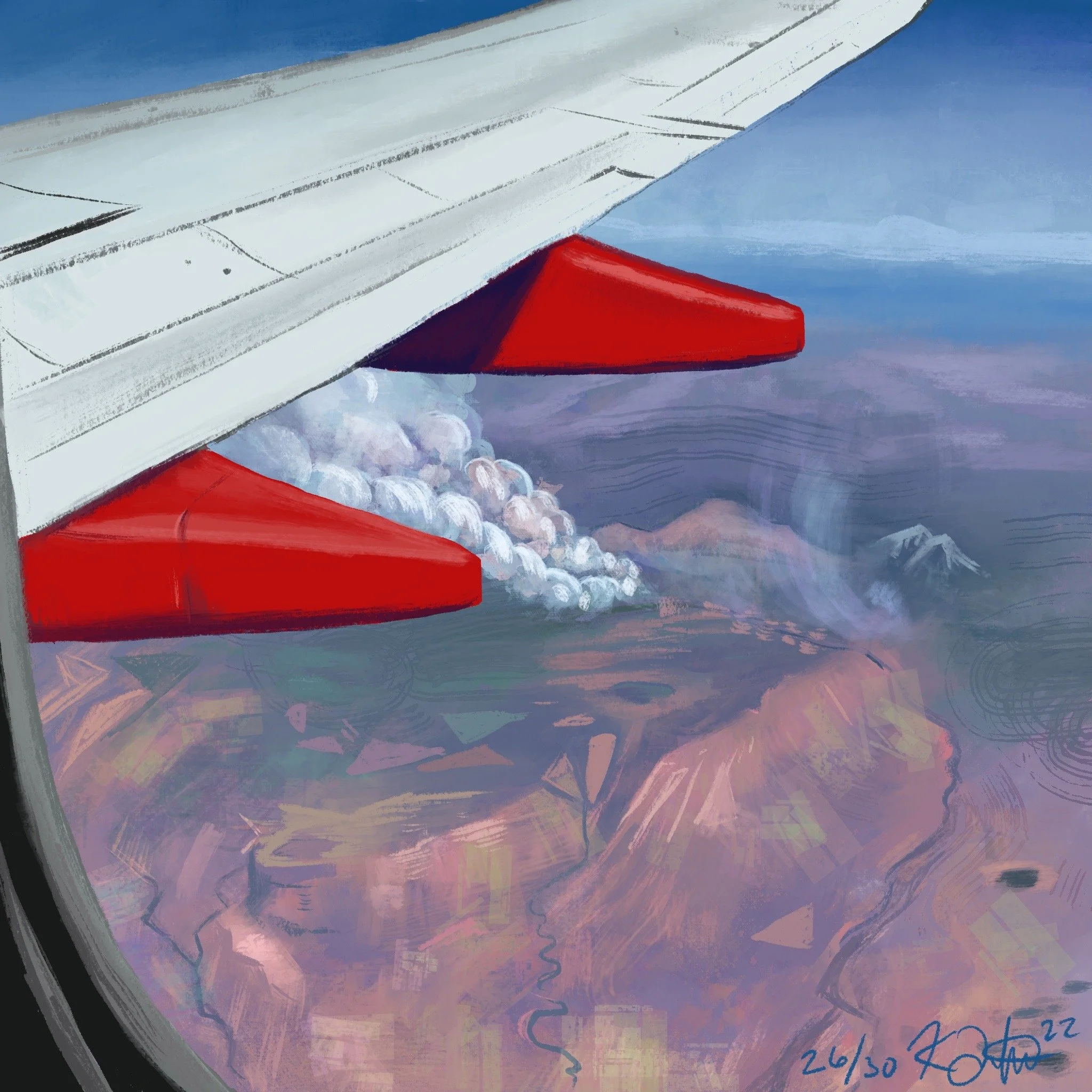  Digital Painting of the Rockies on fire as seen from a plane. 