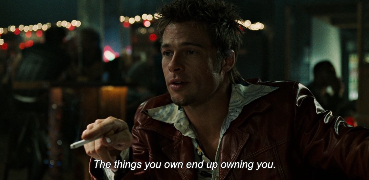 Satire at its best, using the medium as the message against itself: Brad Pitt as Tyler Durden in Fight Club (1999)