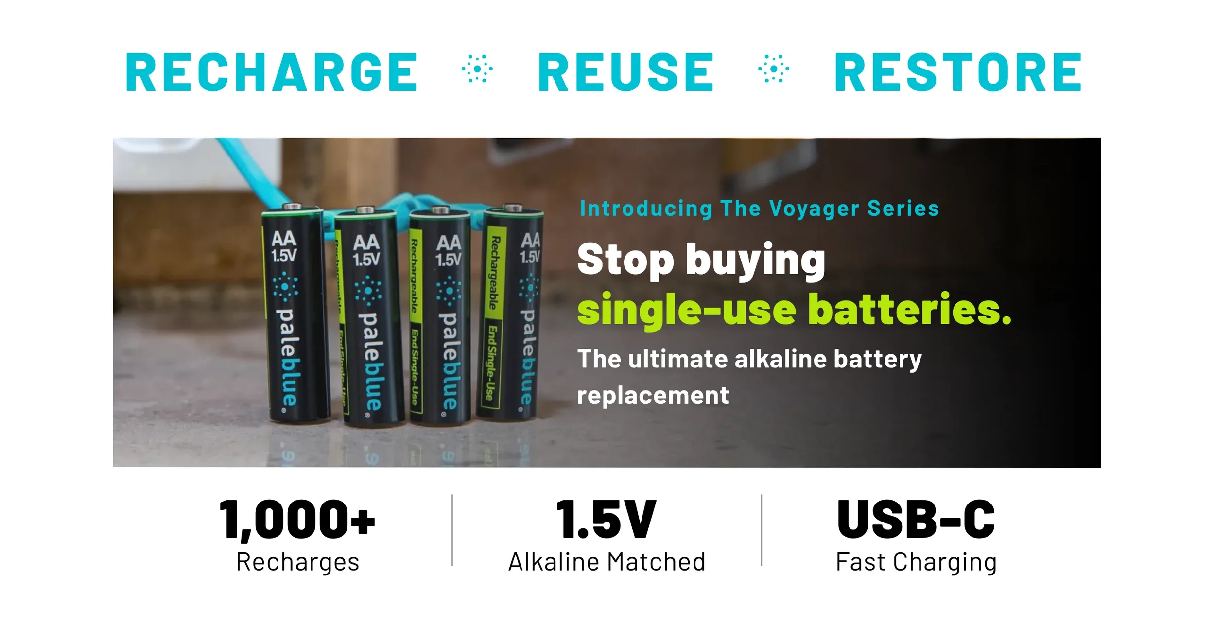 Pale Blue Voyager rechargeable batteries offer 1,000+ recharges, 1.5V alkaline matched power, and fast USB C charging as an alternative to single use batteries.
