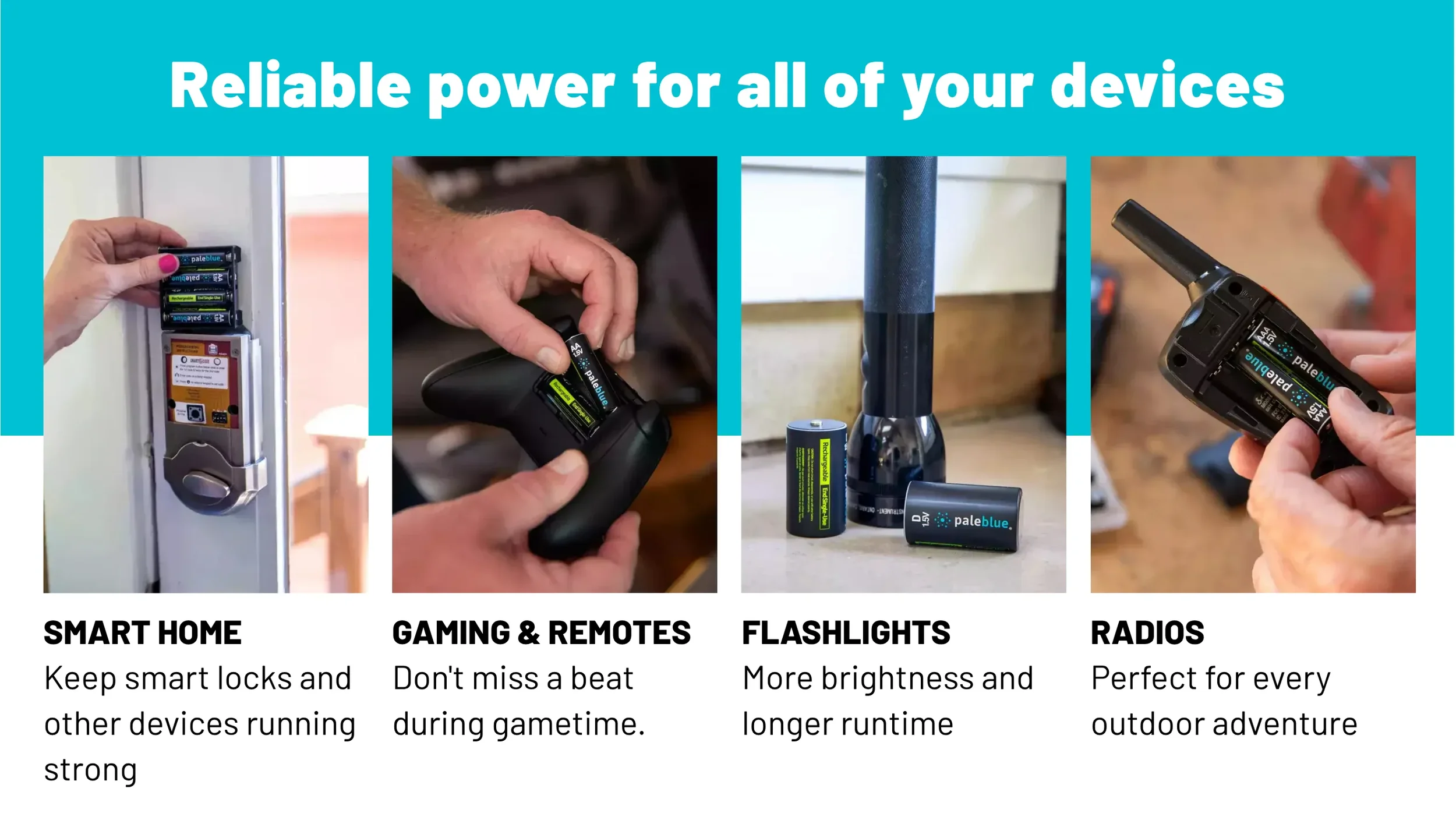 Pale Blue Voyager rechargeable batteries offer 1,000+ recharges, 1.5V alkaline matched power, and fast USB C charging as an alternative to single use batteries.